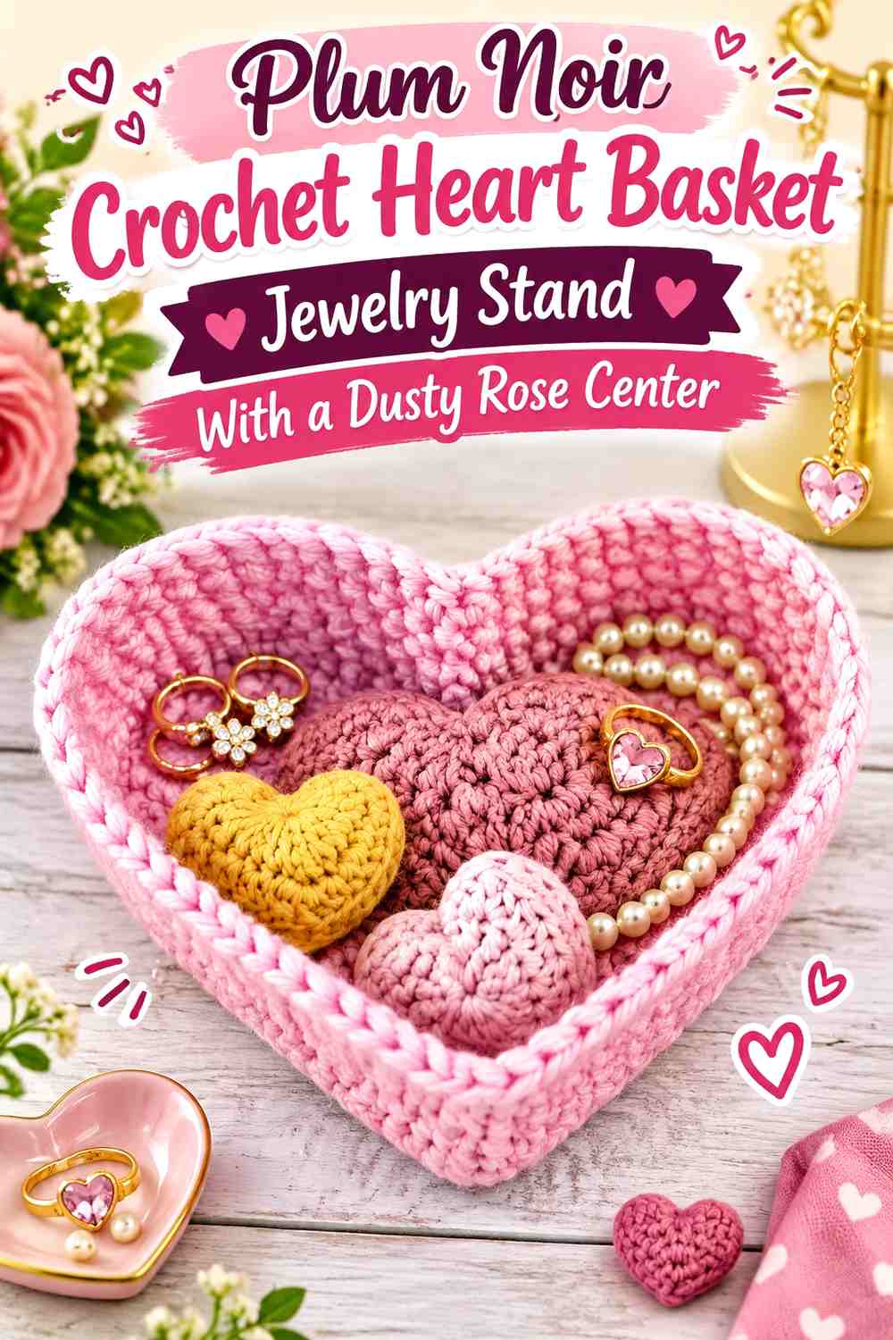 Plum Noir Crochet Heart Basket Jewelry Stand With a Dusty Rose Center
