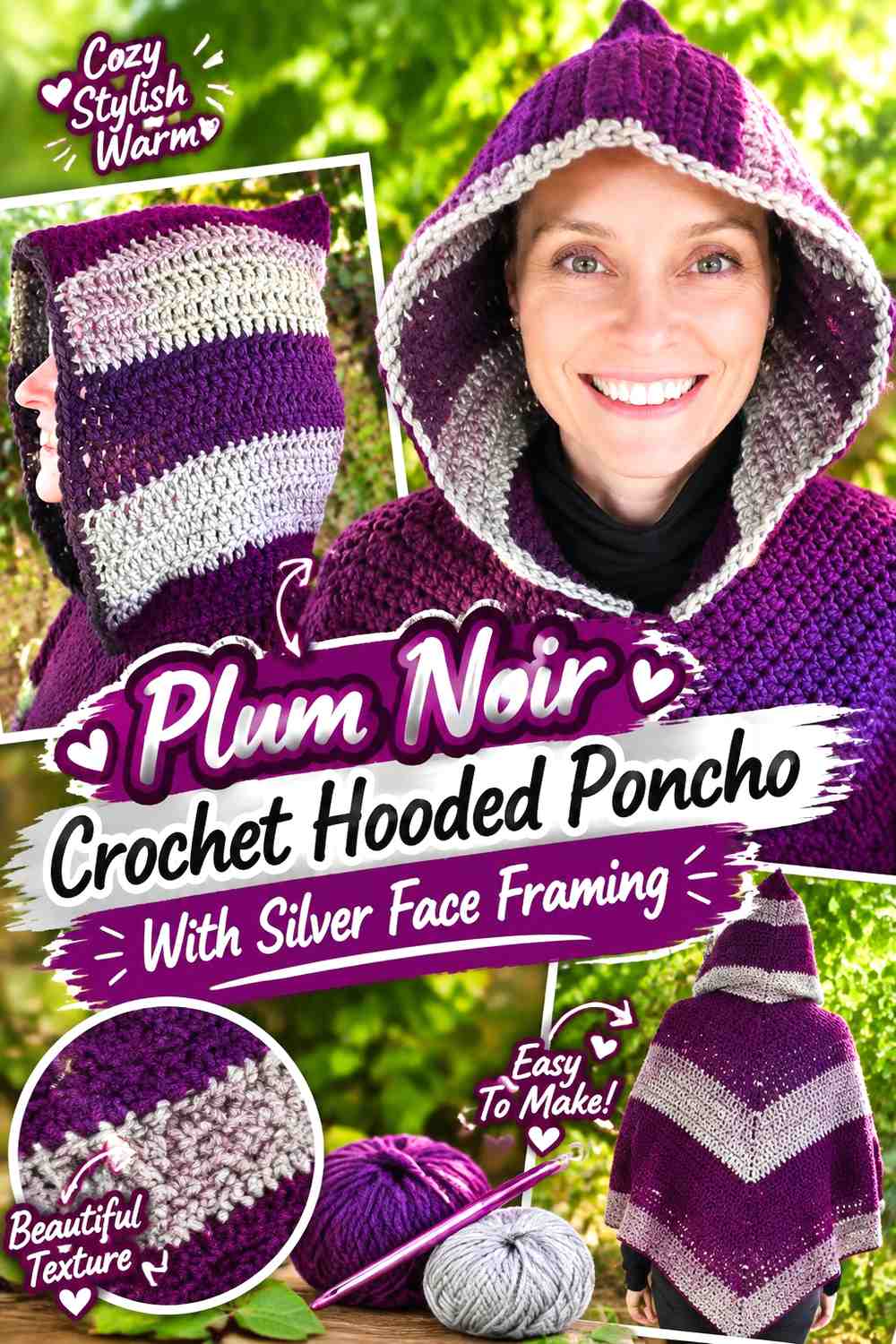 Plum Noir Crochet Hooded Poncho With Silver Face Framing