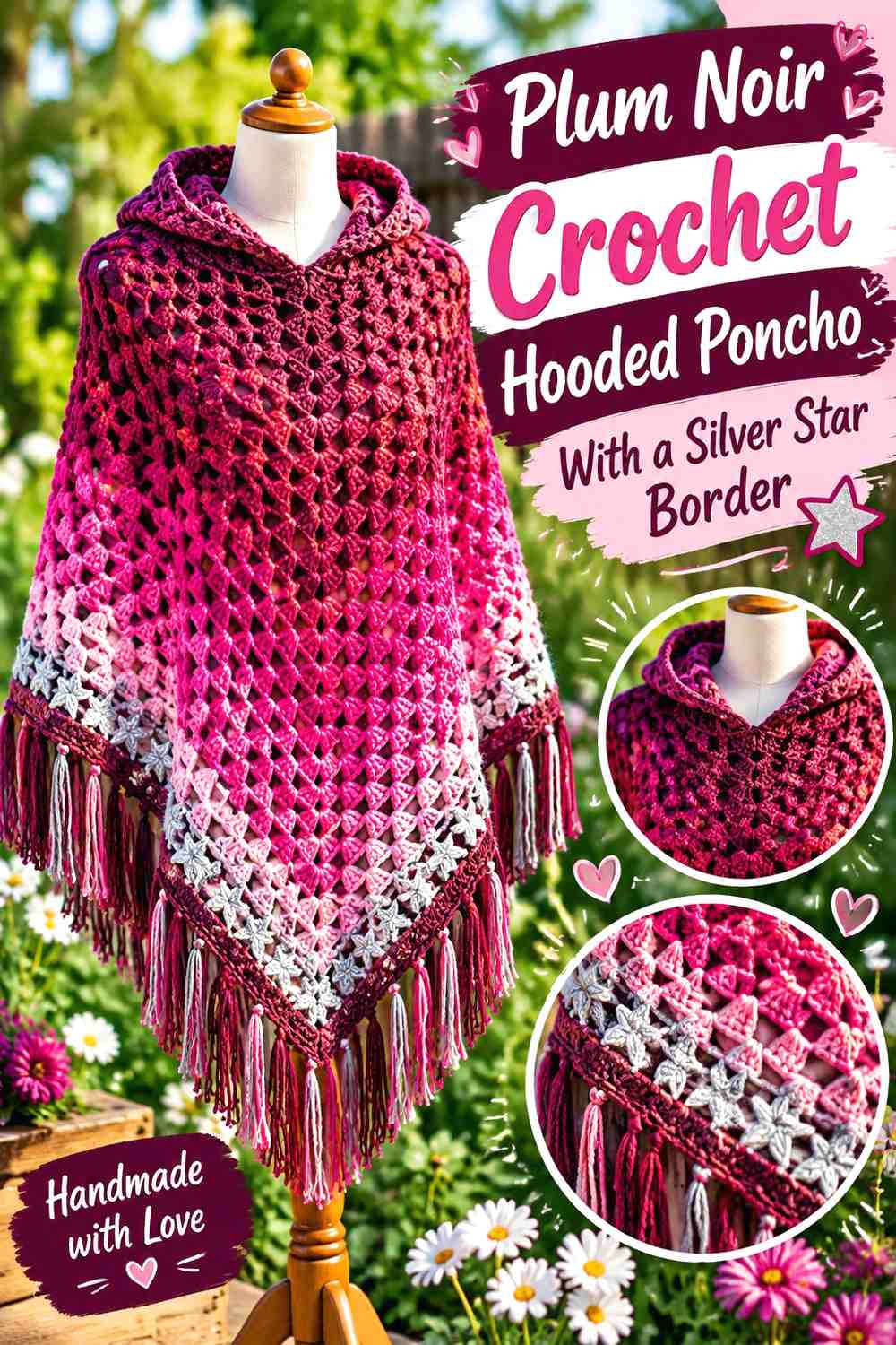 Plum Noir Crochet Hooded Poncho With a Silver Star Border
