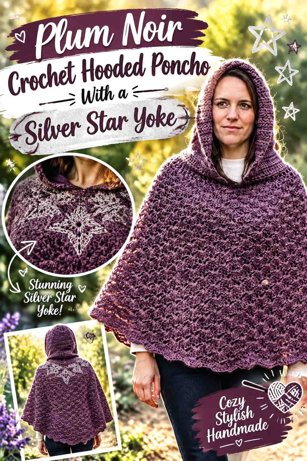 Plum Noir Crochet Hooded Poncho With a Silver Star Yoke