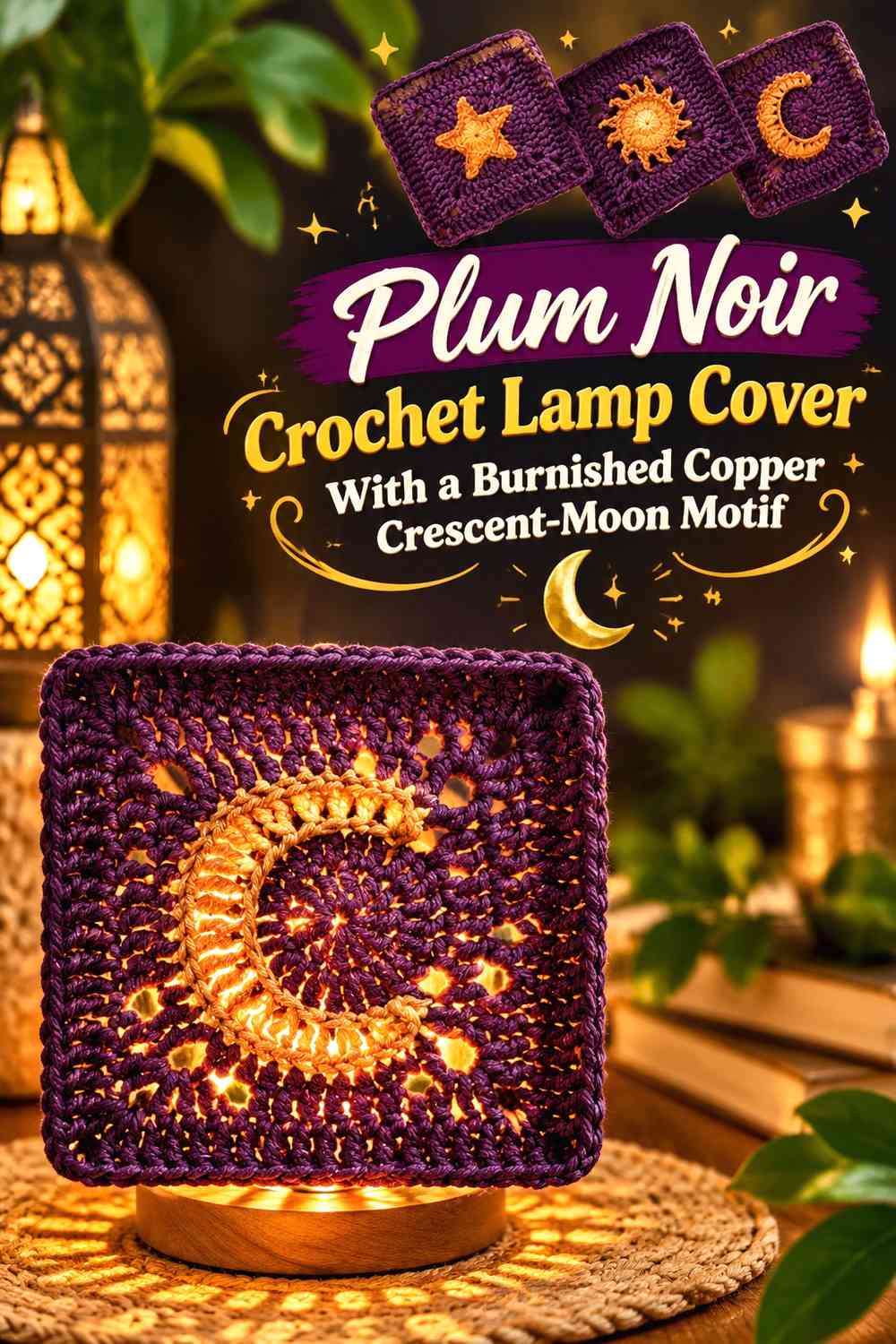 Plum Noir Crochet Lamp Cover With a Burnished Copper Crescent-Moon Motif