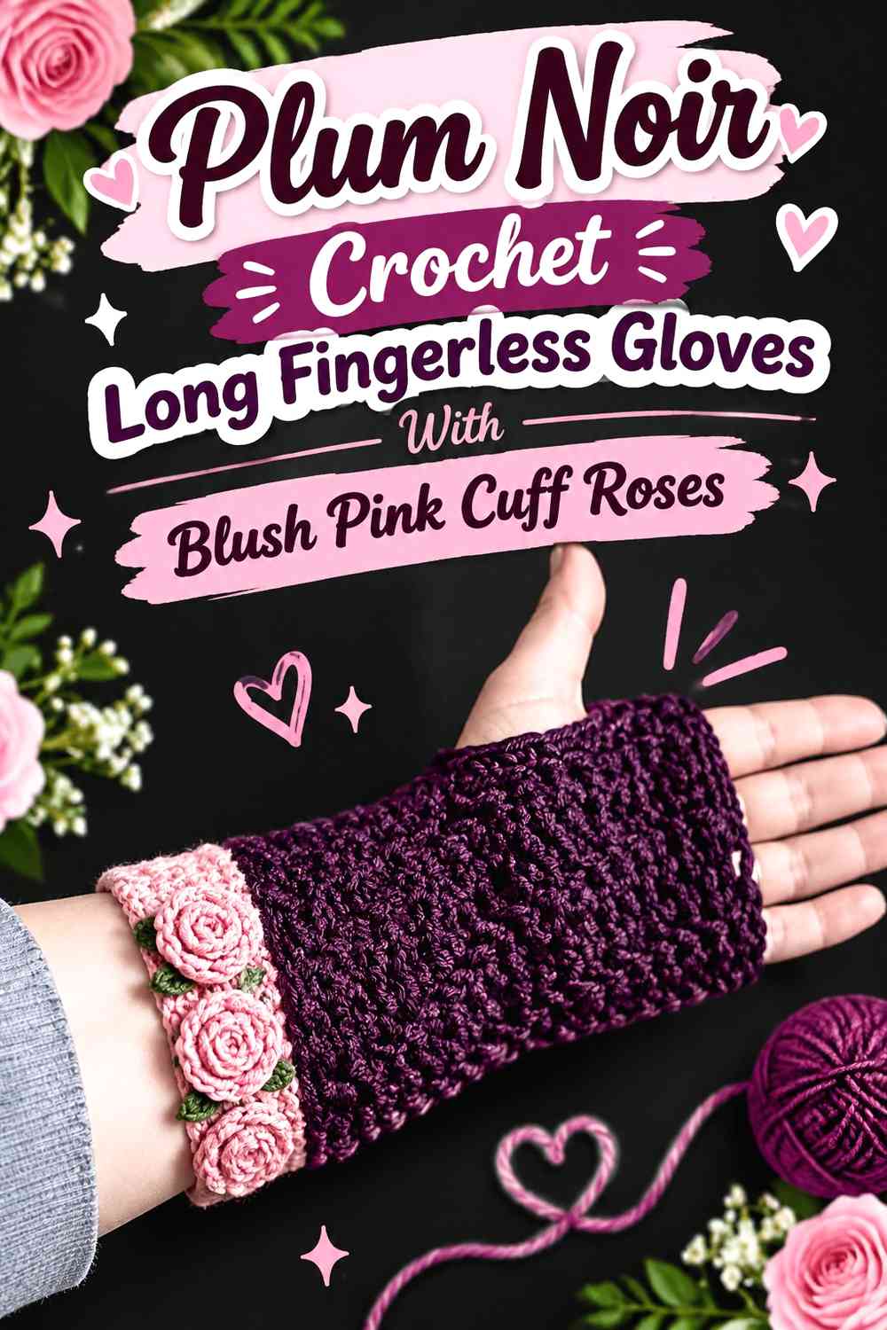 Plum Noir Crochet Long Fingerless Gloves With Blush Pink Cuff Roses