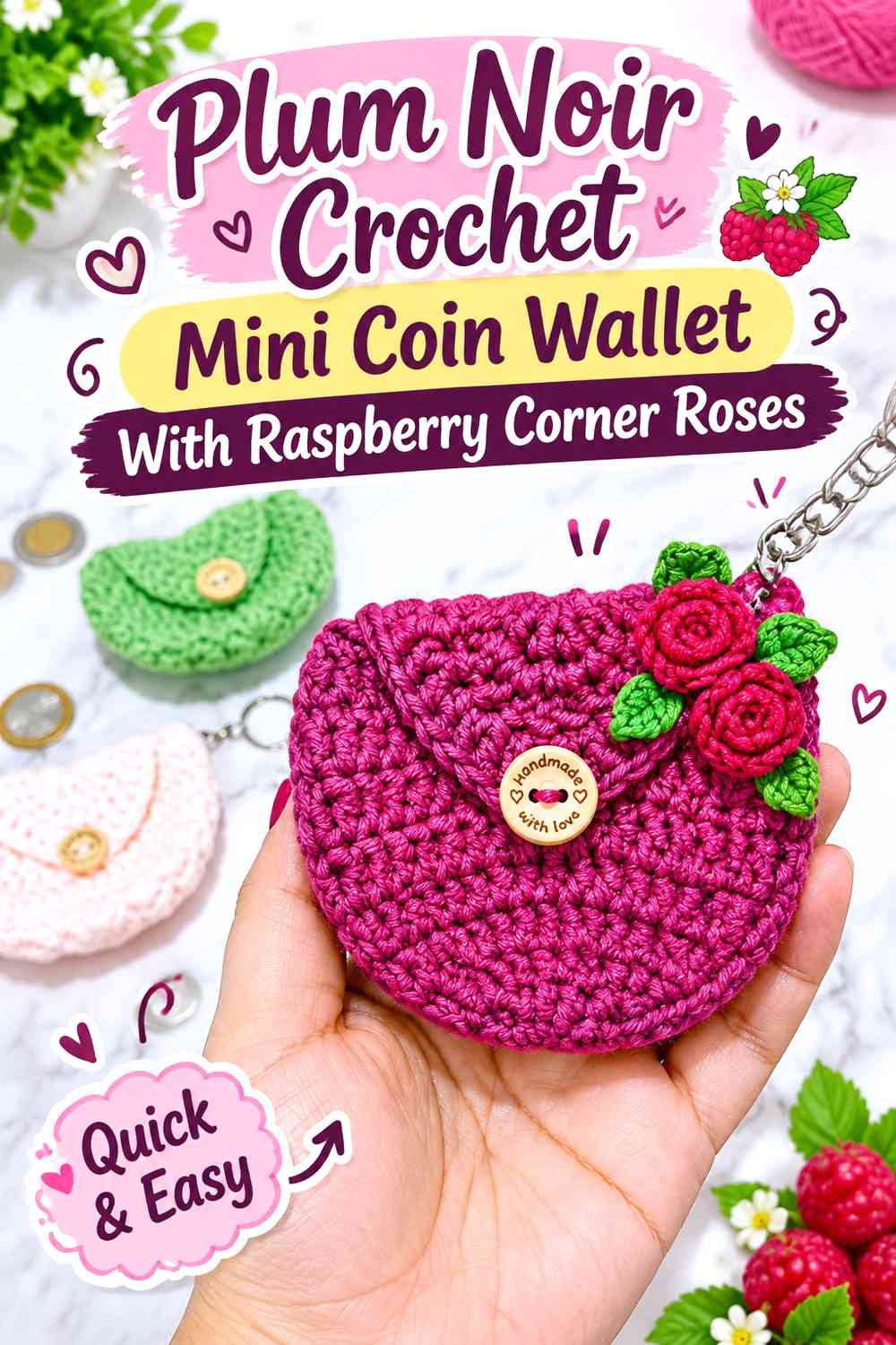 Plum Noir Crochet Mini Coin Wallet With Raspberry Corner Roses
