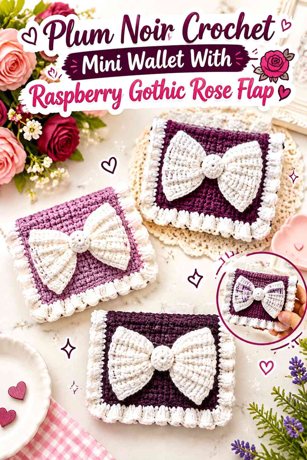 Plum Noir Crochet Mini Wallet With Raspberry Gothic Rose Flap