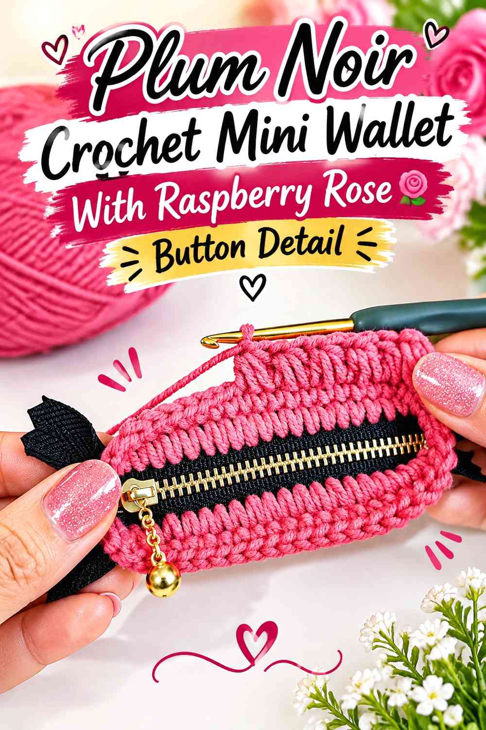 Plum Noir Crochet Mini Wallet With Raspberry Rose Button Detail