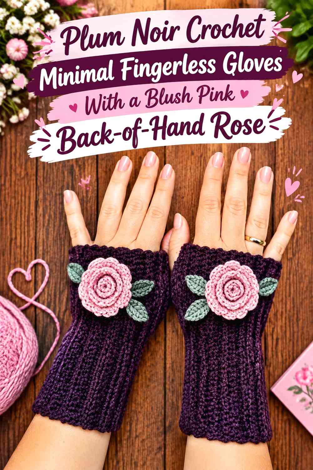Plum Noir Crochet Minimal Fingerless Gloves With a Blush Pink Back-of-Hand Rose