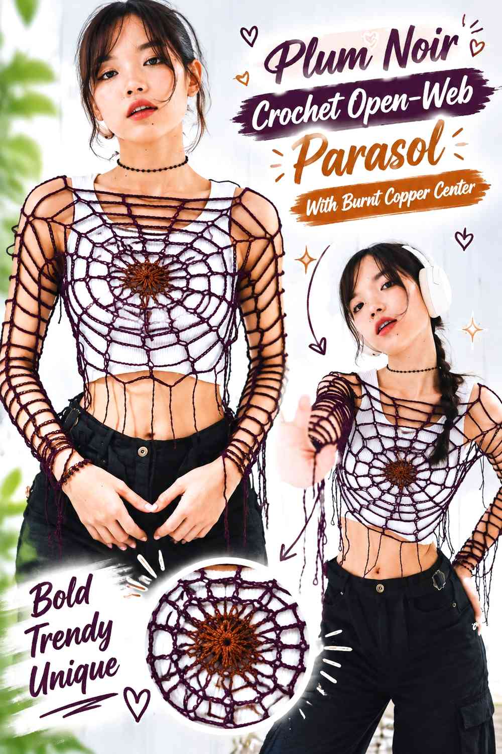 Plum Noir Crochet Open-Web Parasol With Burnt Copper Center
