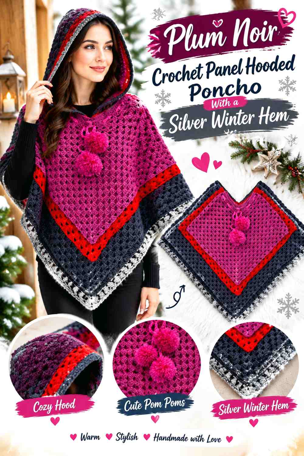Plum Noir Crochet Panel Hooded Poncho With a Silver Winter Hem
