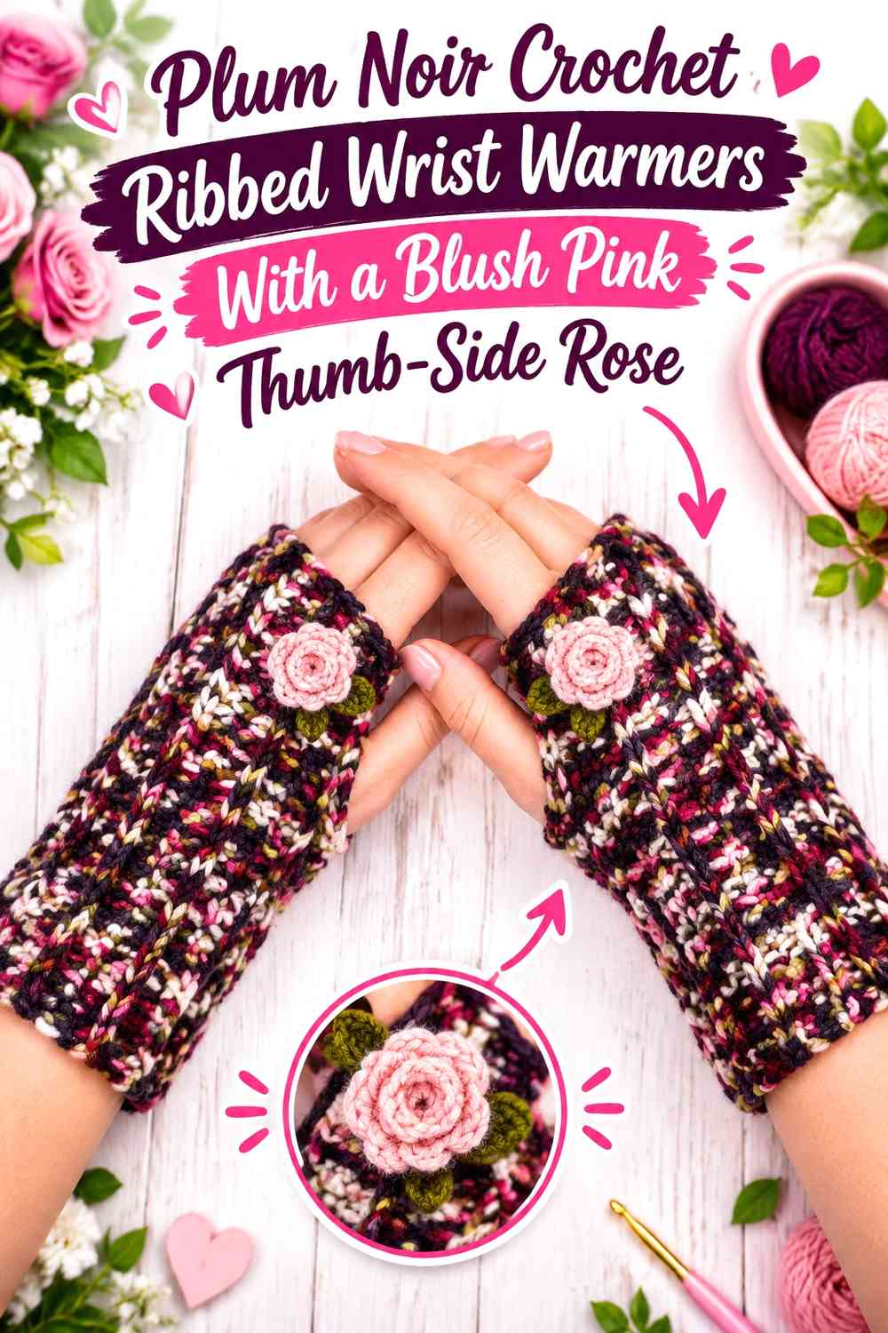 Plum Noir Crochet Ribbed Wrist Warmers With a Blush Pink Thumb-Side Rose