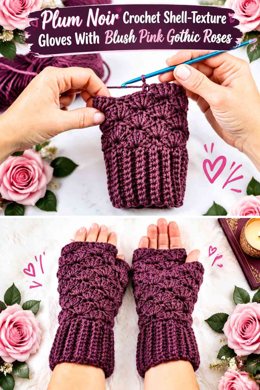Plum Noir Crochet Shell-Texture Gloves With Blush Pink Gothic Roses