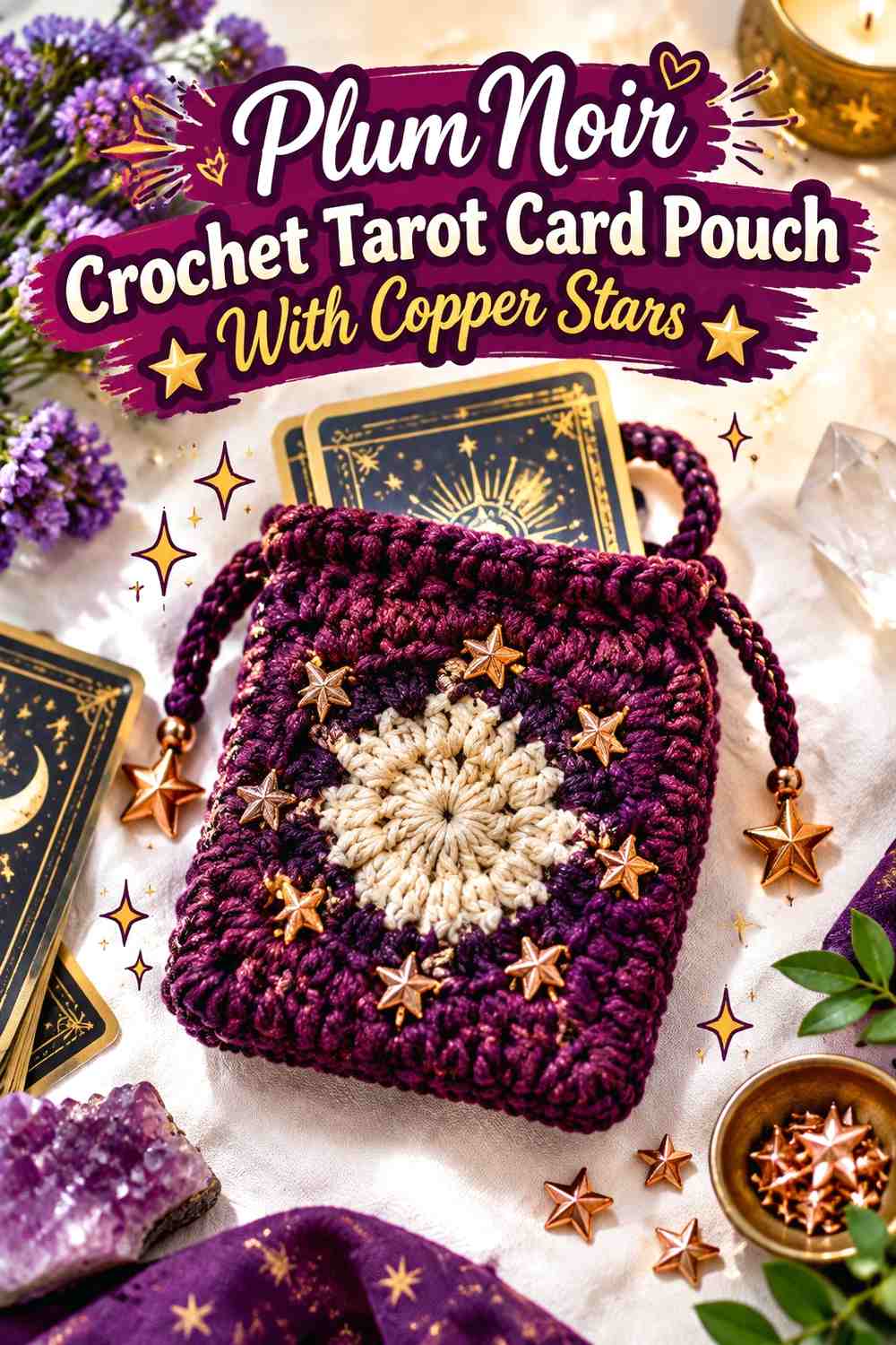 Plum Noir Crochet Tarot Card Pouch With Copper Stars