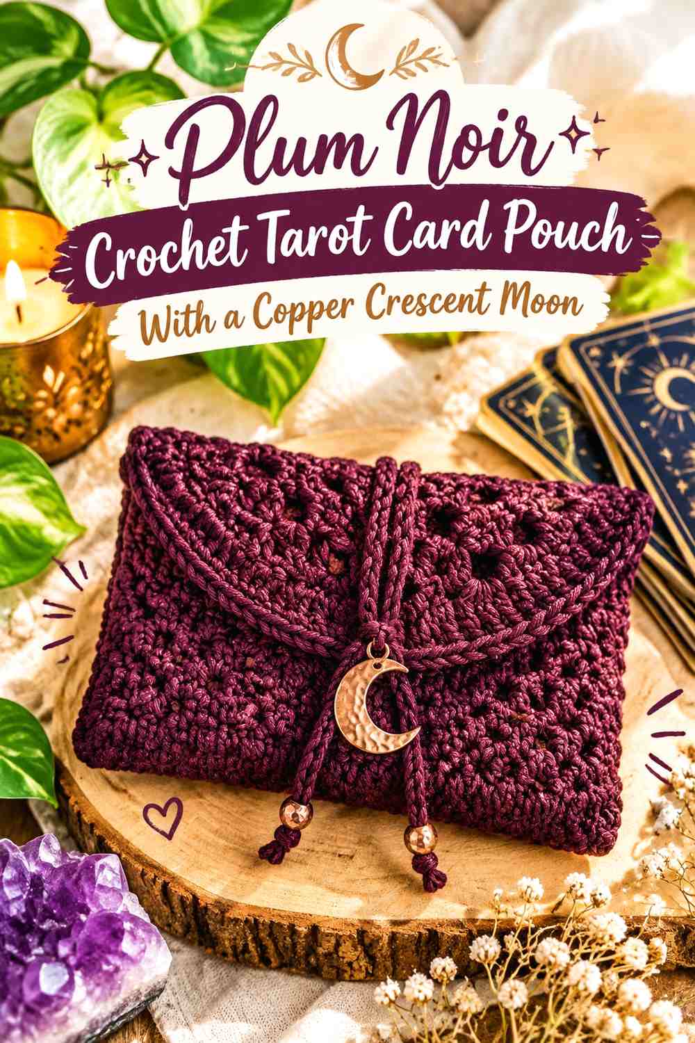 Plum Noir Crochet Tarot Card Pouch With a Copper Crescent Moon