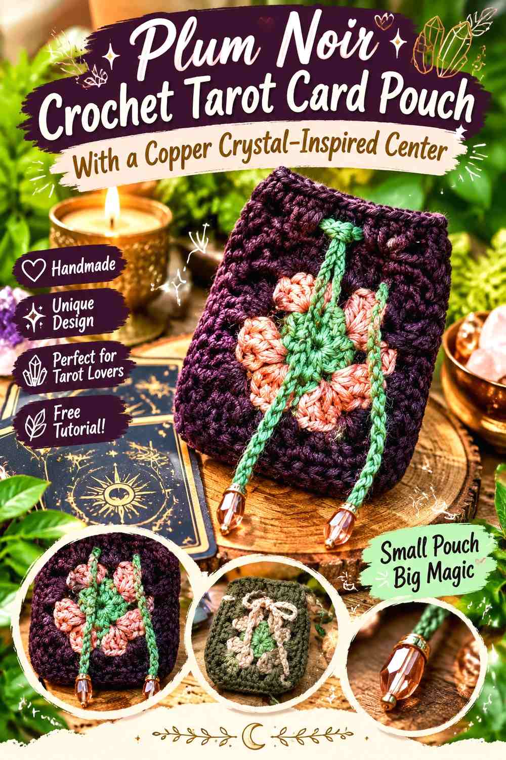Plum Noir Crochet Tarot Card Pouch With a Copper Crystal-Inspired Center