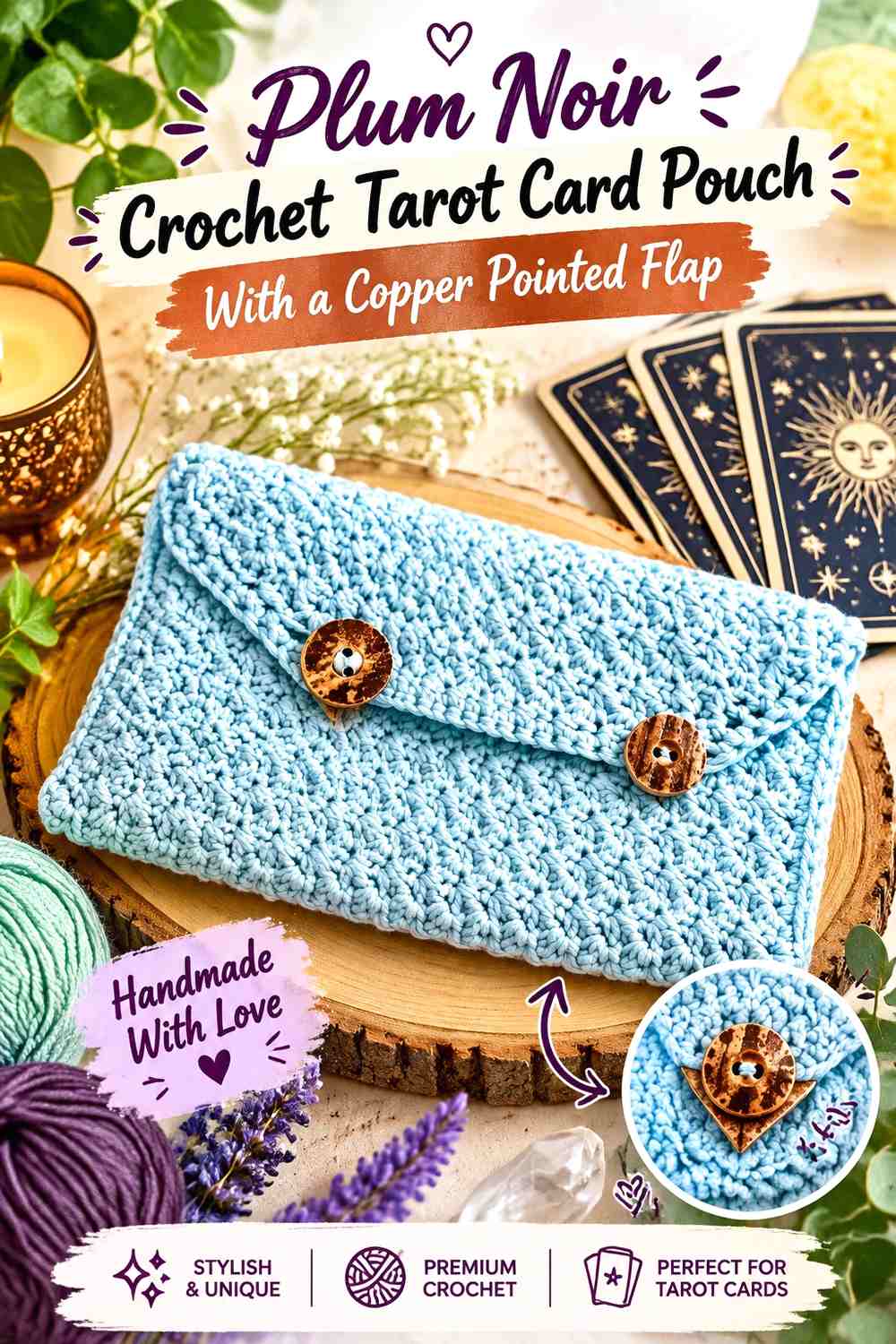 Plum Noir Crochet Tarot Card Pouch With a Copper Pointed Flap
