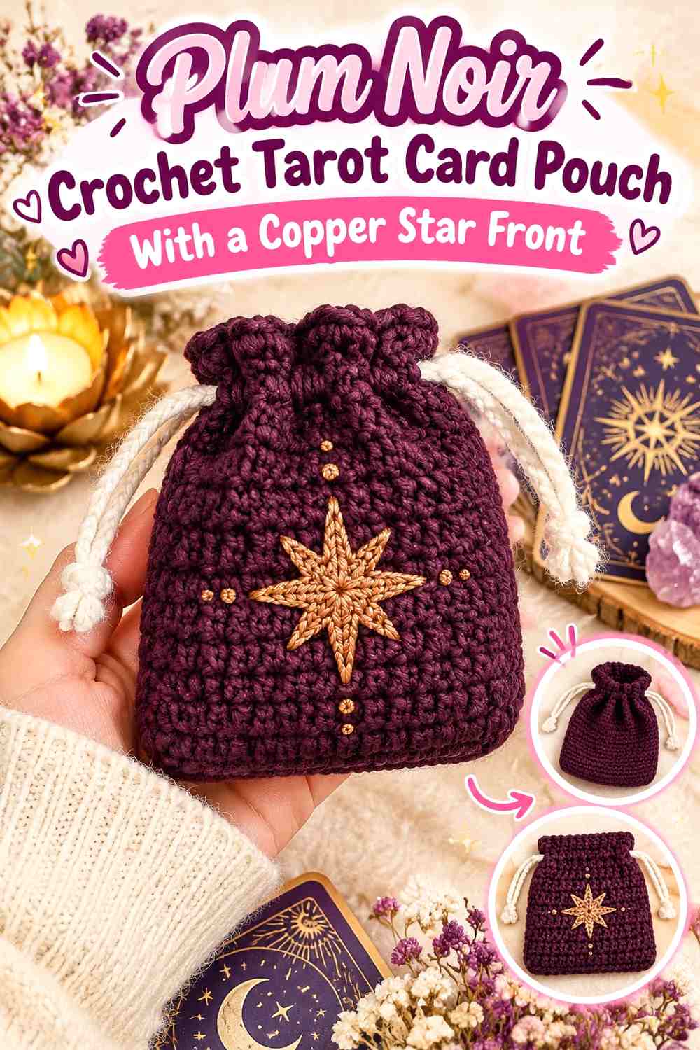 Plum Noir Crochet Tarot Card Pouch With a Copper Star Front