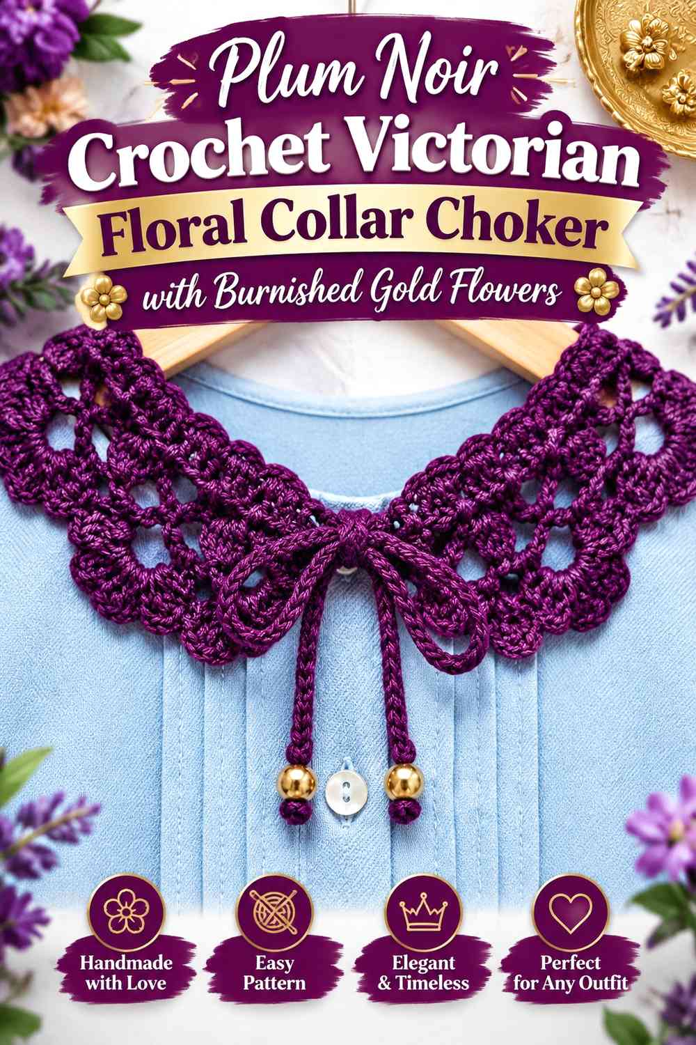 Plum Noir Crochet Victorian Floral Collar Choker with Burnished Gold Flowers