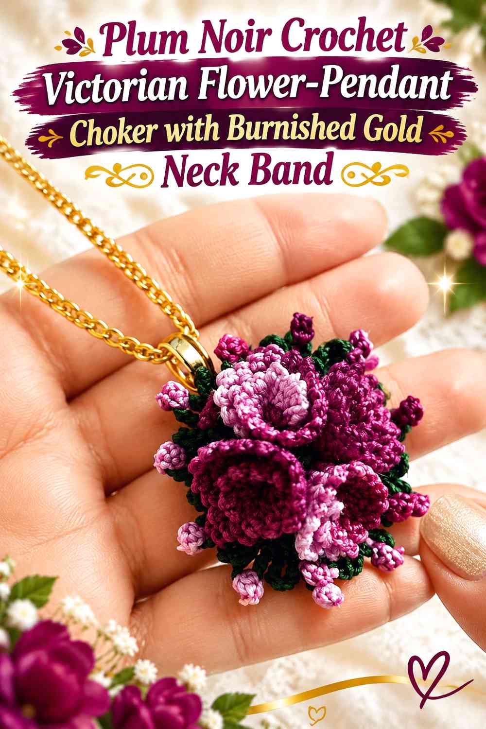 Plum Noir Crochet Victorian Flower-Pendant Choker with Burnished Gold Neck Band