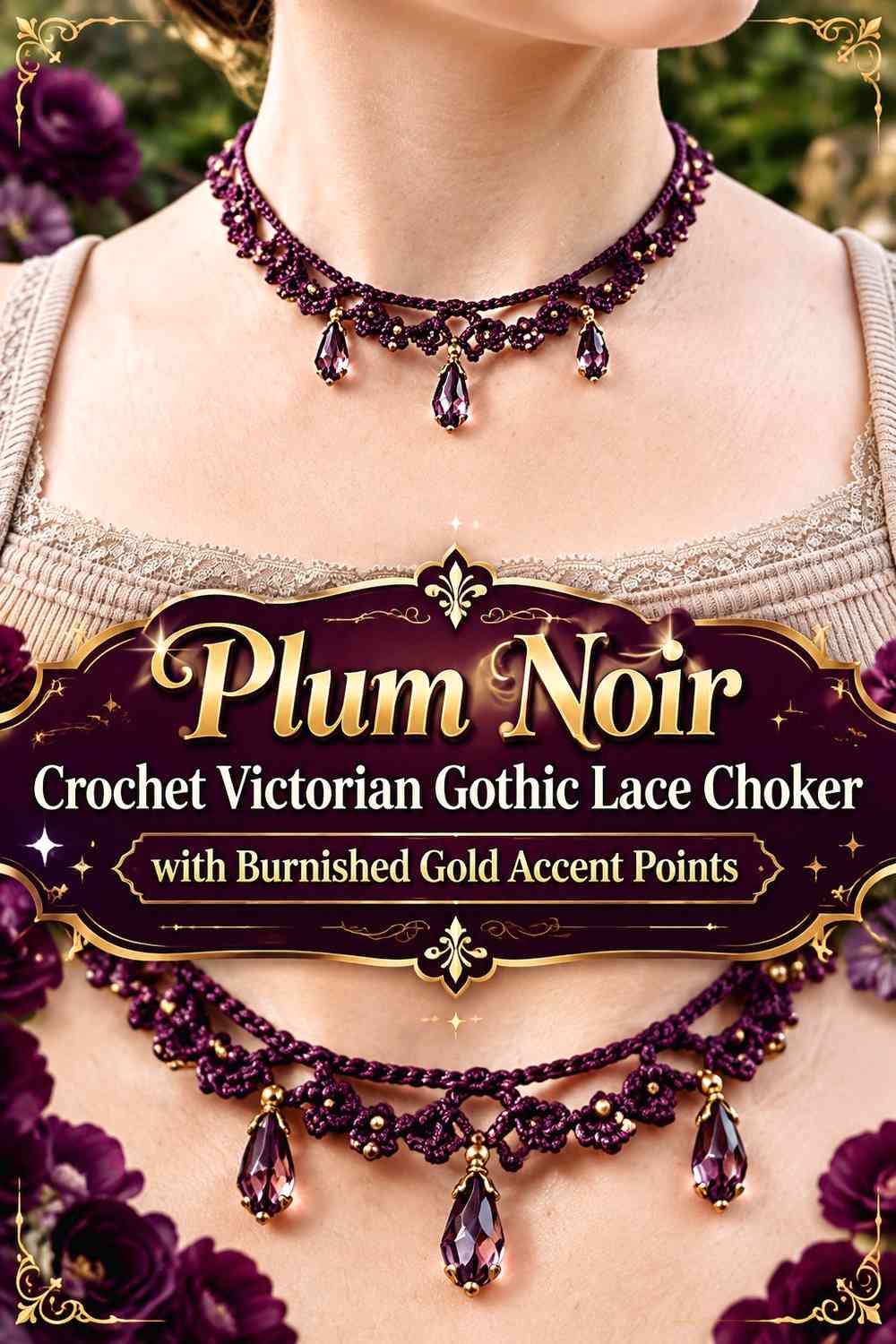 Plum Noir Crochet Victorian Gothic Lace Choker with Burnished Gold Accent Points