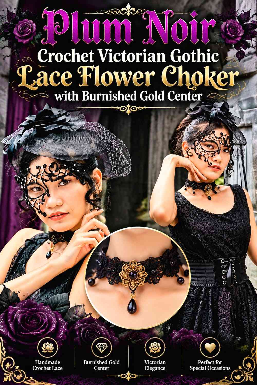 Plum Noir Crochet Victorian Gothic Lace Flower Choker with Burnished Gold Center