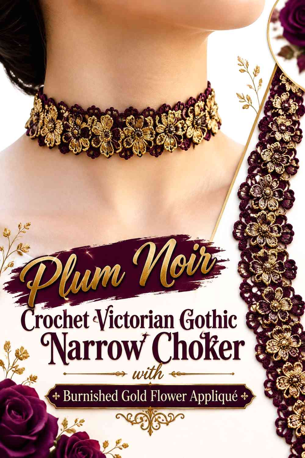 Plum Noir Crochet Victorian Gothic Narrow Choker with Burnished Gold Flower Appliqué