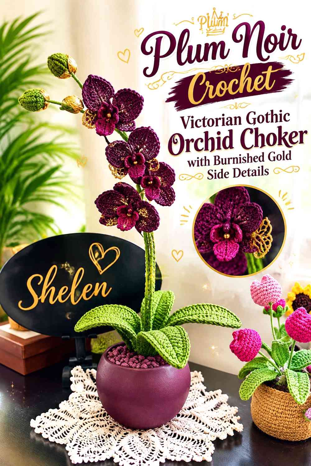 Plum Noir Crochet Victorian Gothic Orchid Choker with Burnished Gold Side Details