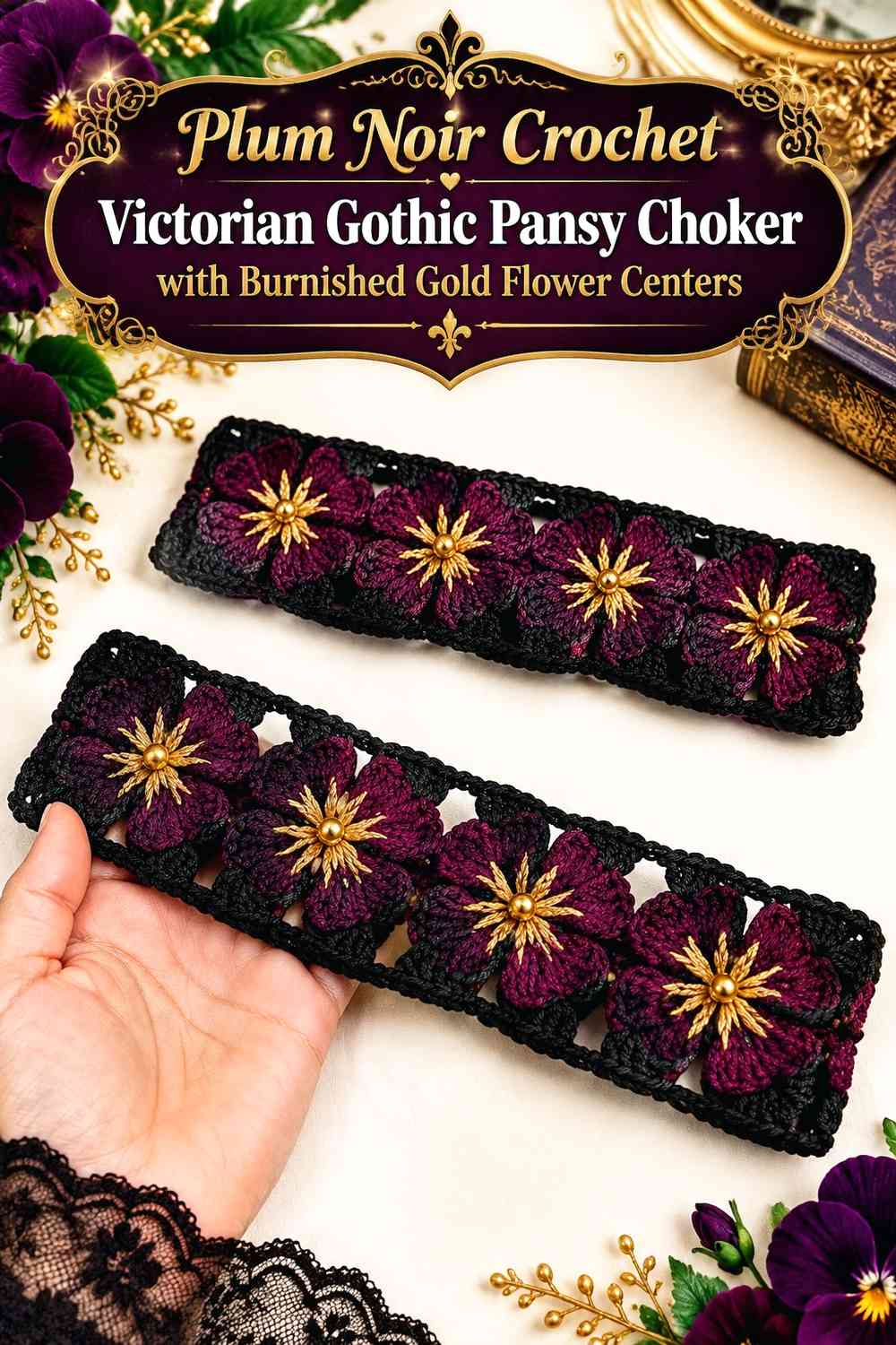 Plum Noir Crochet Victorian Gothic Pansy Choker with Burnished Gold Flower Centers