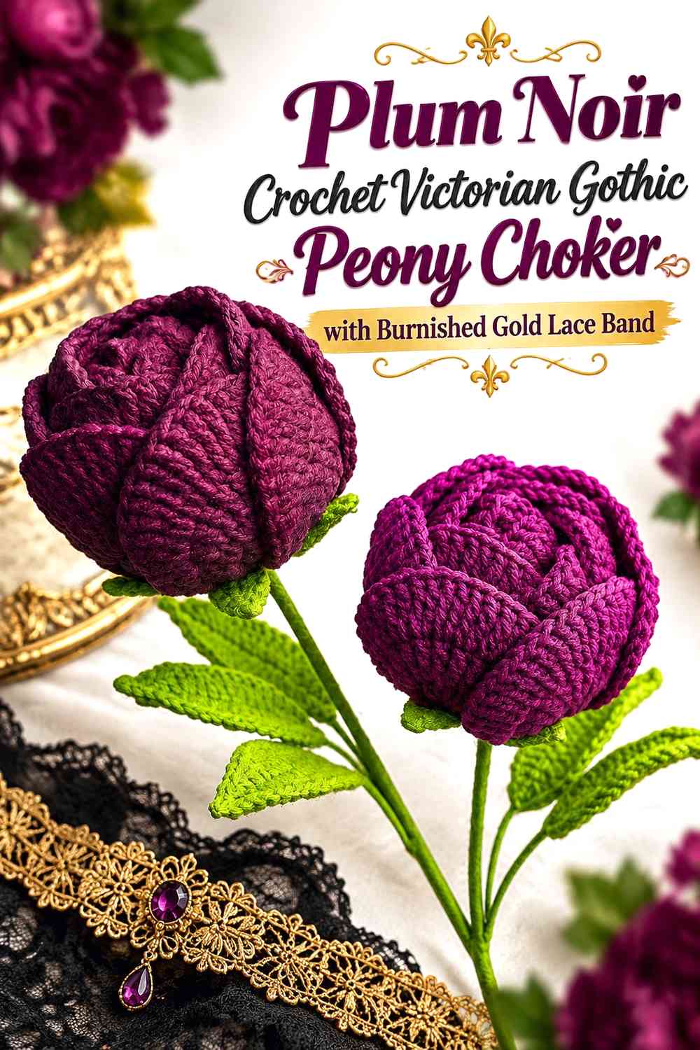 Plum Noir Crochet Victorian Gothic Peony Choker with Burnished Gold Lace Band