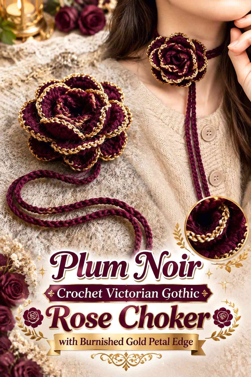 Plum Noir Crochet Victorian Gothic Rose Choker with Burnished Gold Petal Edge