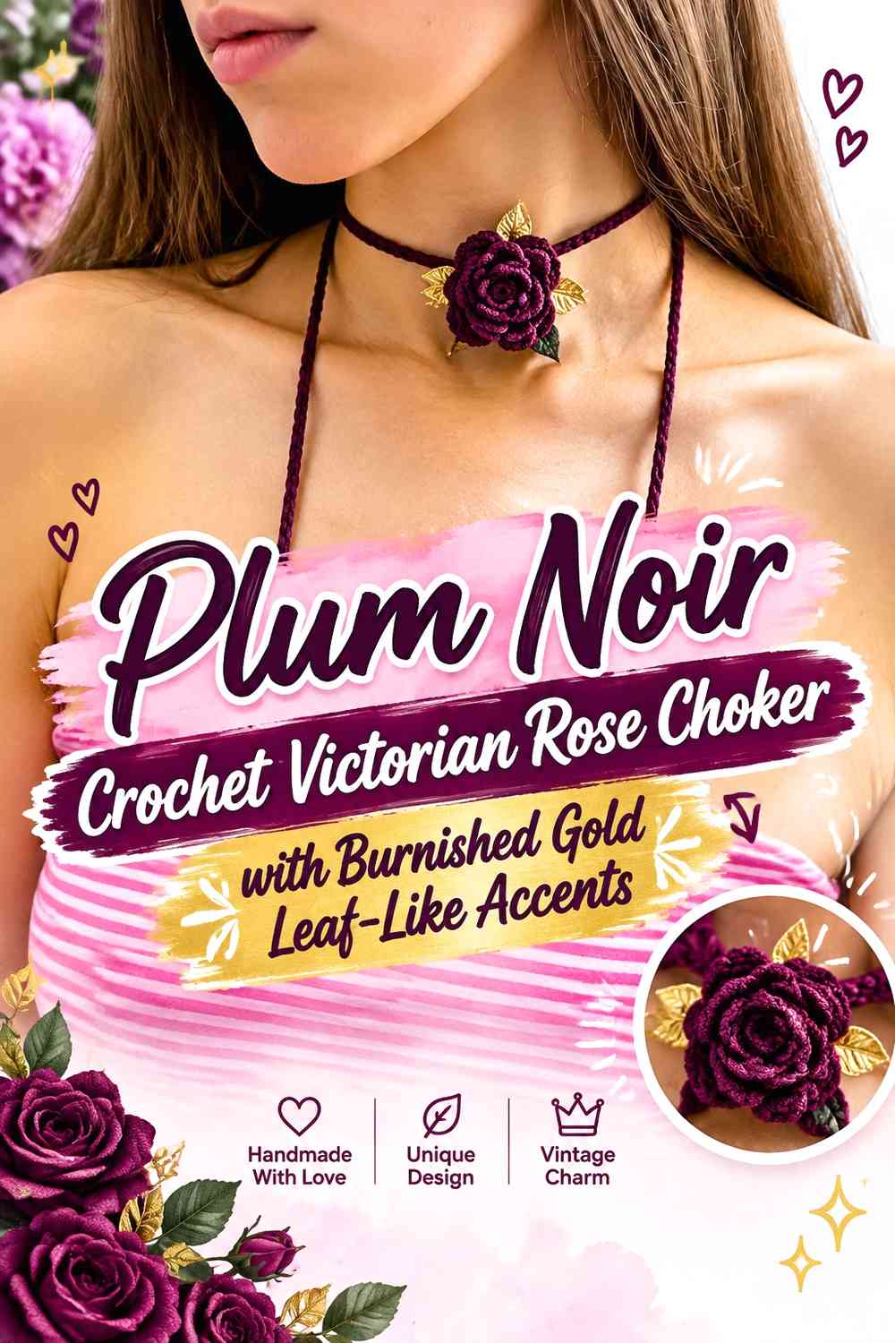 Plum Noir Crochet Victorian Rose Choker with Burnished Gold Leaf-Like Accents
