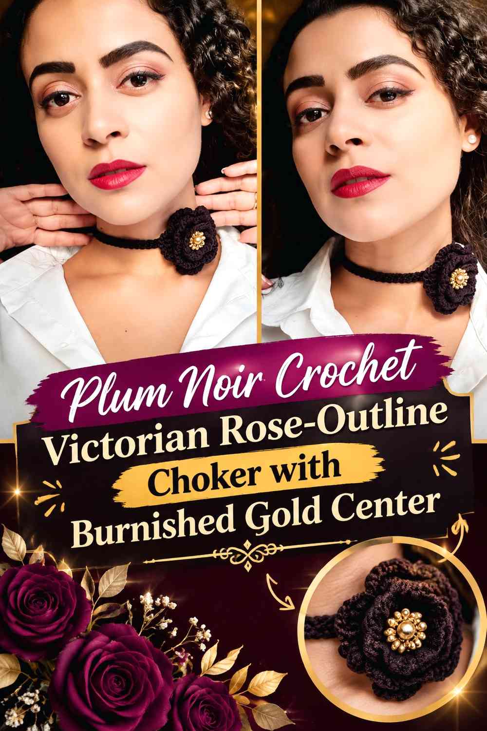 Plum Noir Crochet Victorian Rose-Outline Choker with Burnished Gold Center
