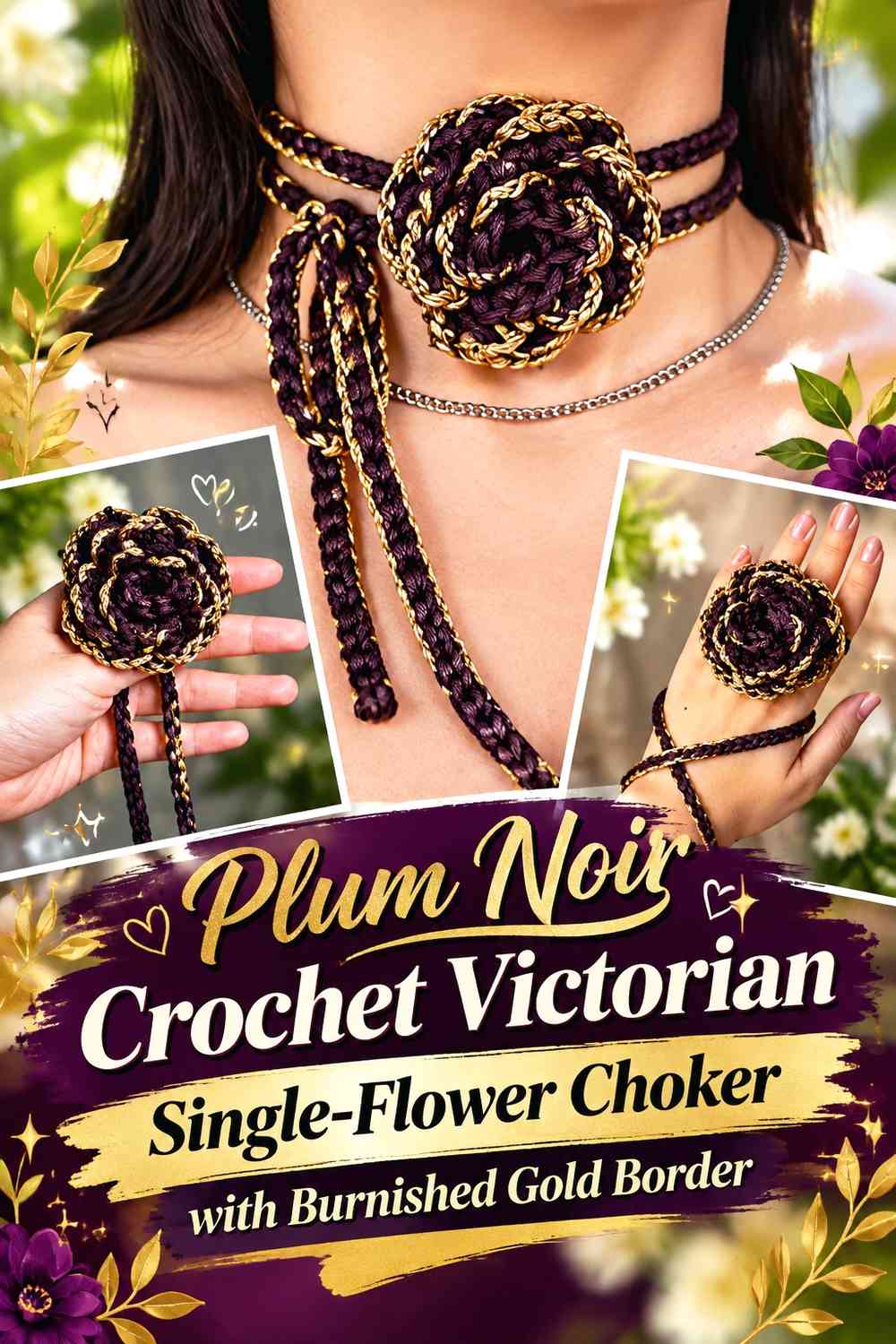 Plum Noir Crochet Victorian Single-Flower Choker with Burnished Gold Border