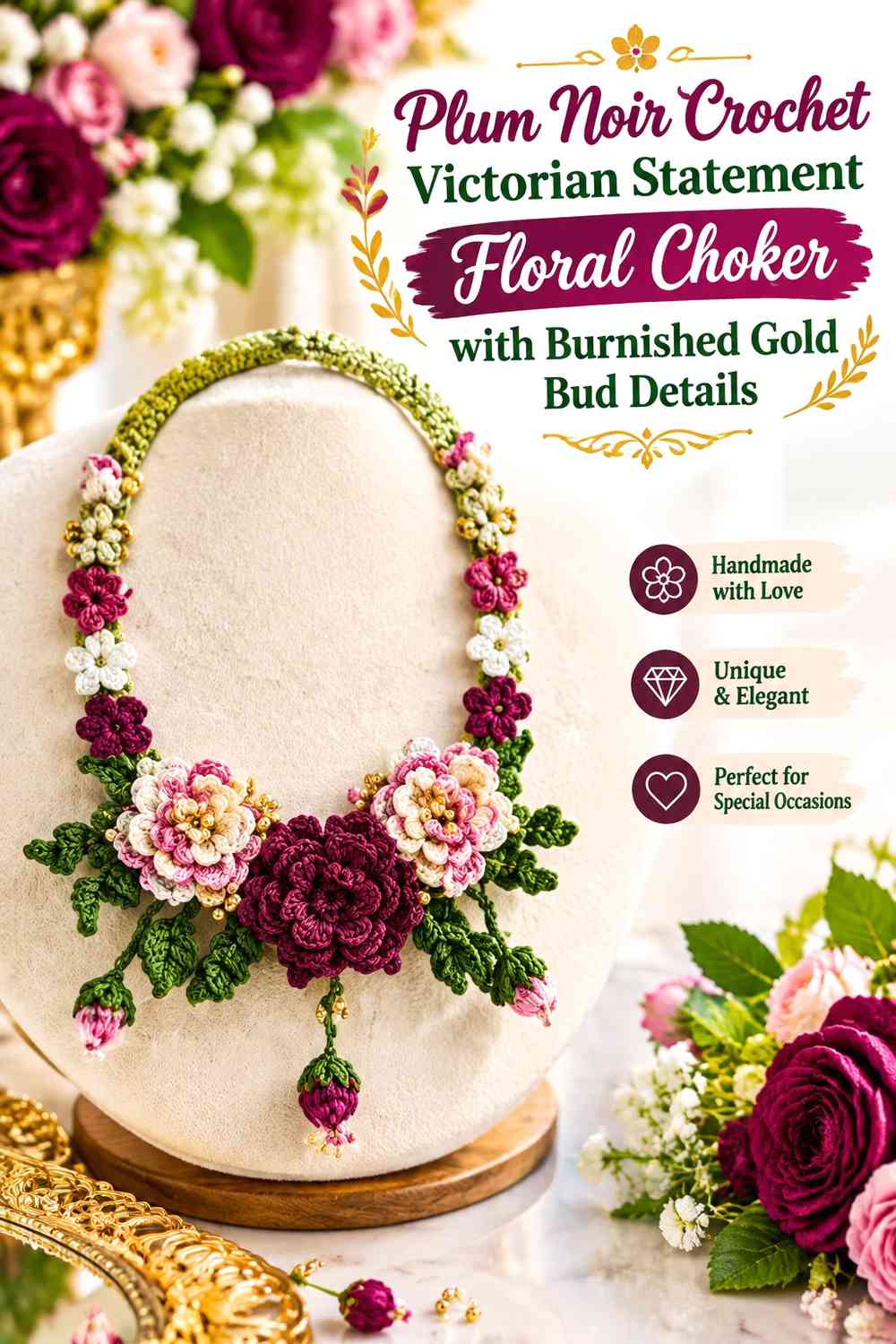 Plum Noir Crochet Victorian Statement Floral Choker with Burnished Gold Bud Details