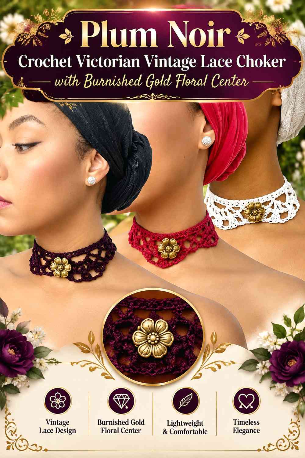Plum Noir Crochet Victorian Vintage Lace Choker with Burnished Gold Floral Center