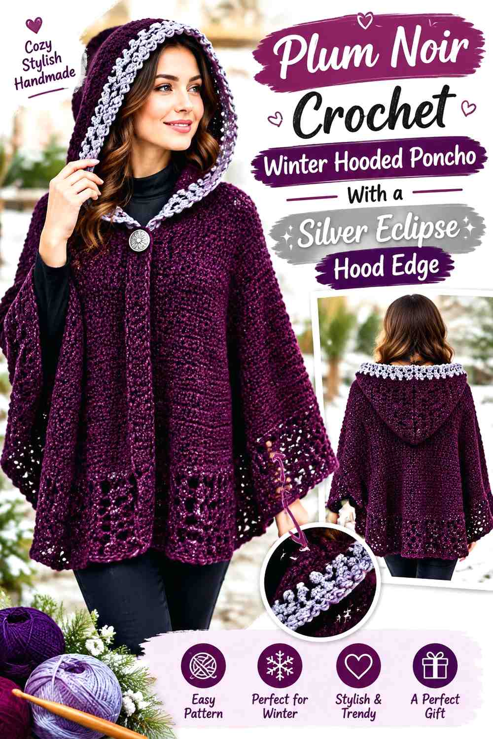 Plum Noir Crochet Winter Hooded Poncho With a Silver Eclipse Hood Edge