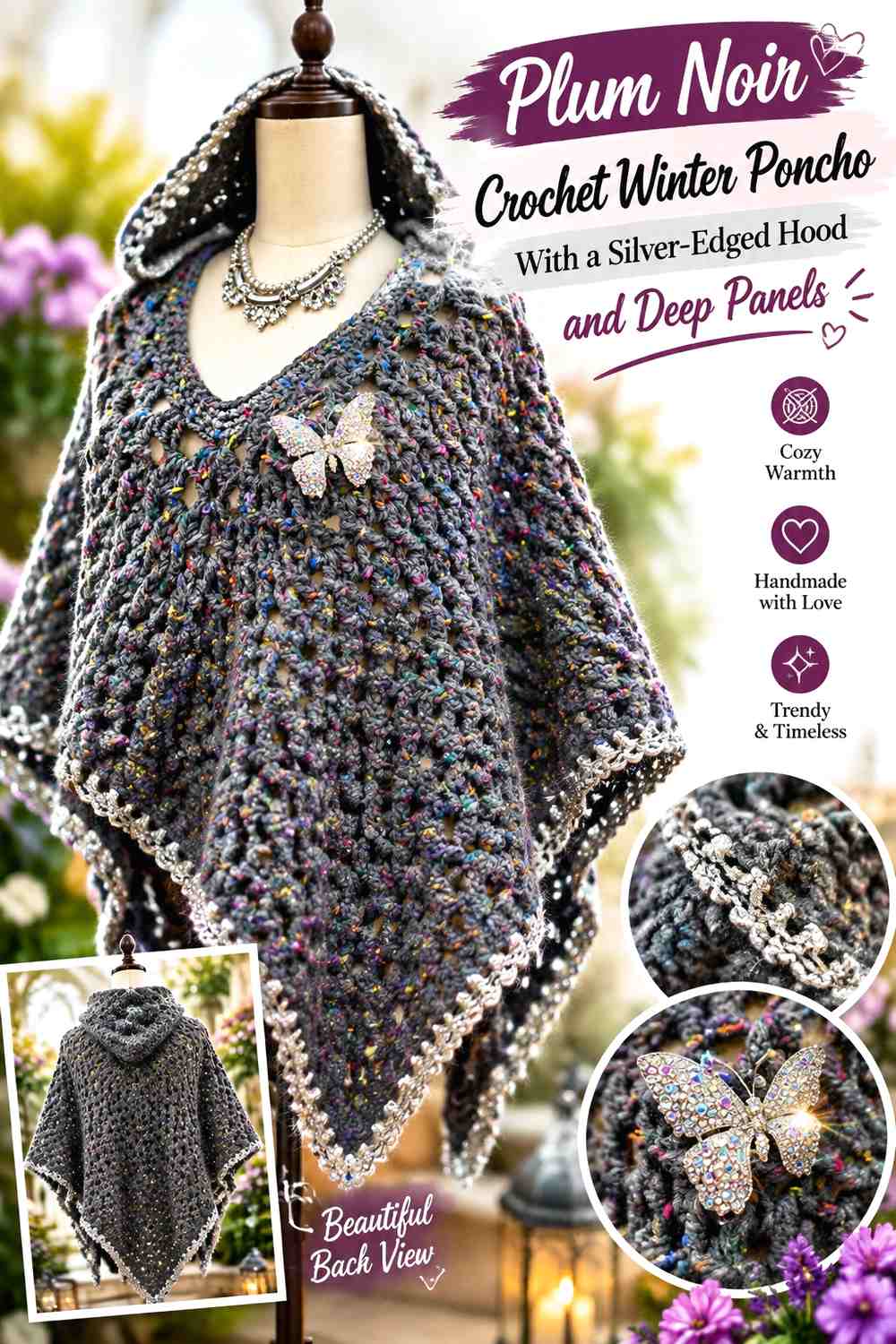 Plum Noir Crochet Winter Poncho With a Silver-Edged Hood and Deep Panels