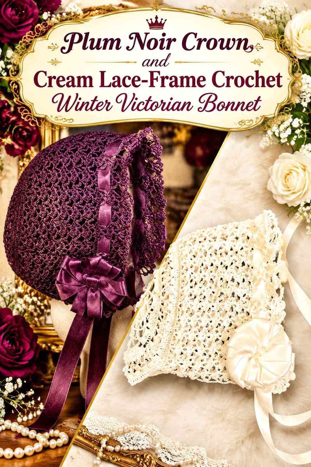 Plum Noir Crown and Cream Lace-Frame Crochet Winter Victorian Bonnet