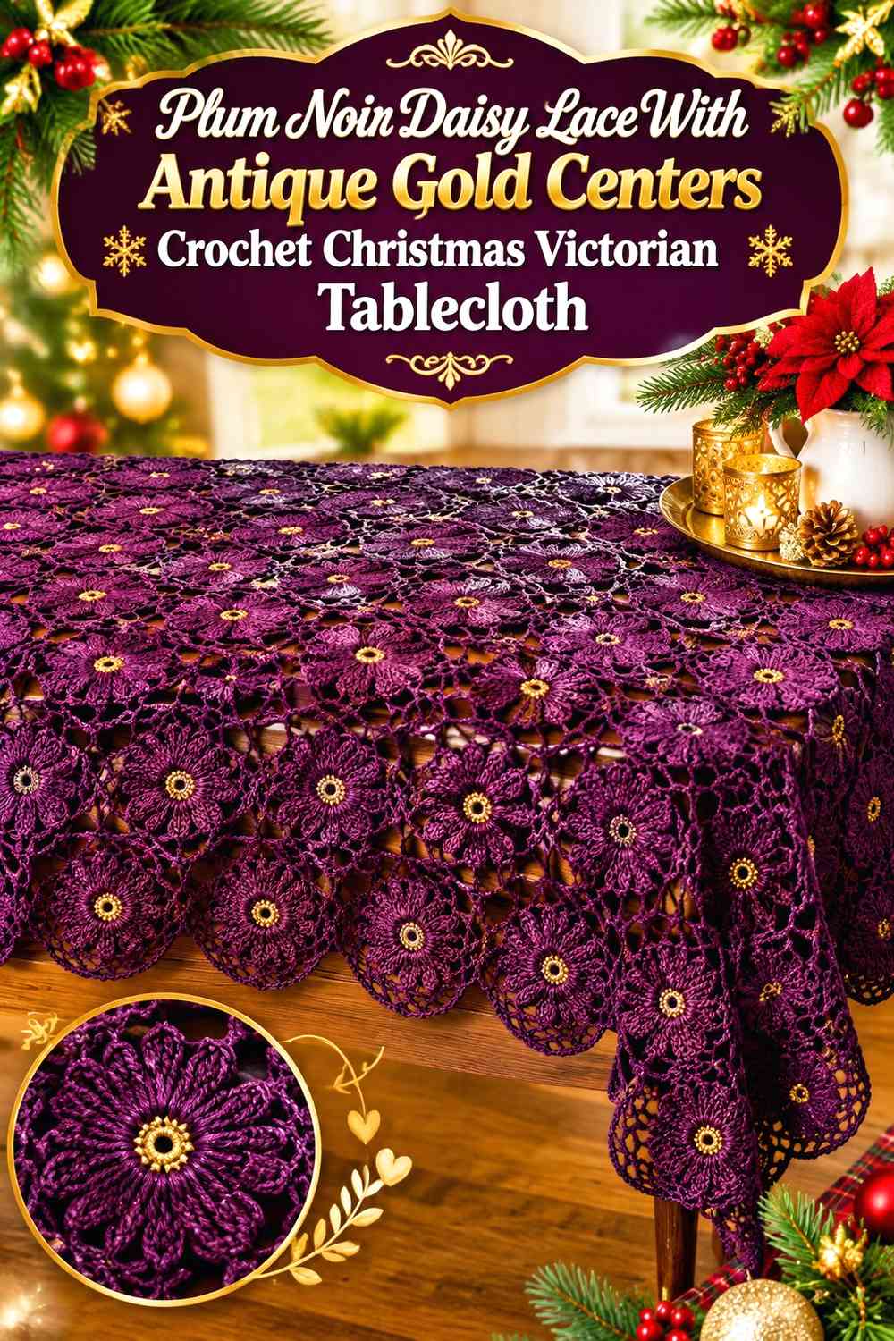 Plum Noir Daisy Lace With Antique Gold Centers Crochet Christmas Victorian Tablecloth