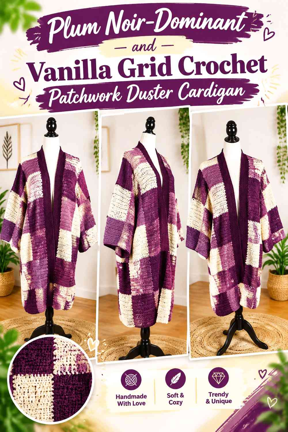 Plum Noir-Dominant and Vanilla Grid Crochet Patchwork Duster Cardigan