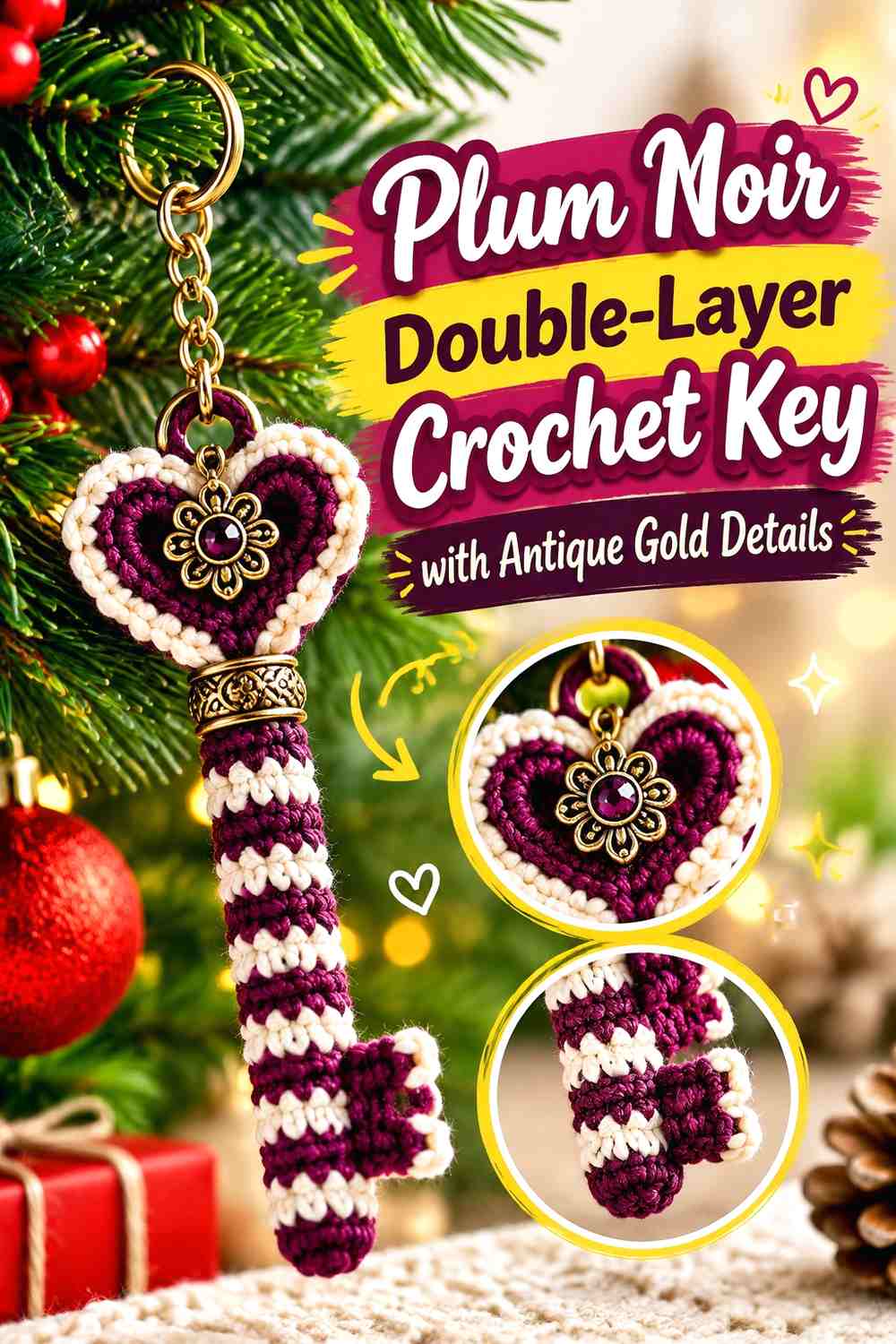 Plum Noir Double-Layer Crochet Key with Antique Gold Details