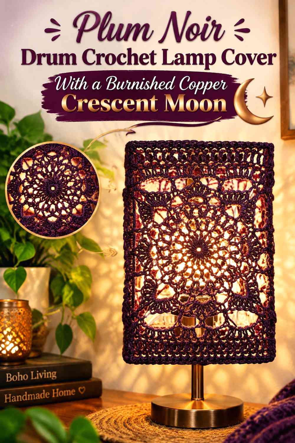 Plum Noir Drum Crochet Lamp Cover With a Burnished Copper Crescent Moon