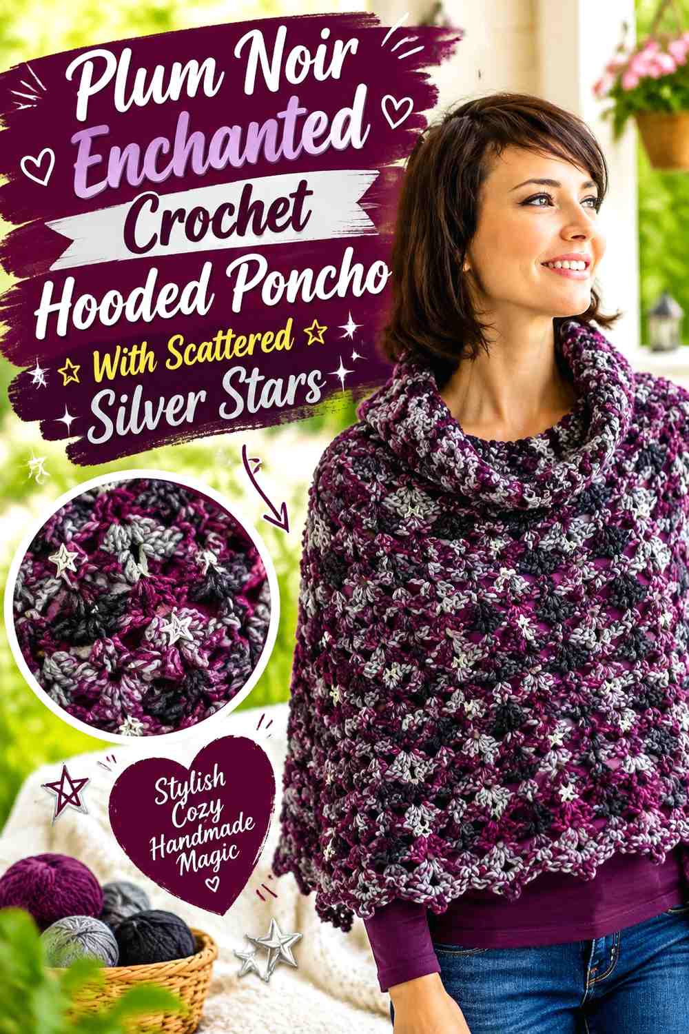 Plum Noir Enchanted Crochet Hooded Poncho With Scattered Silver Stars