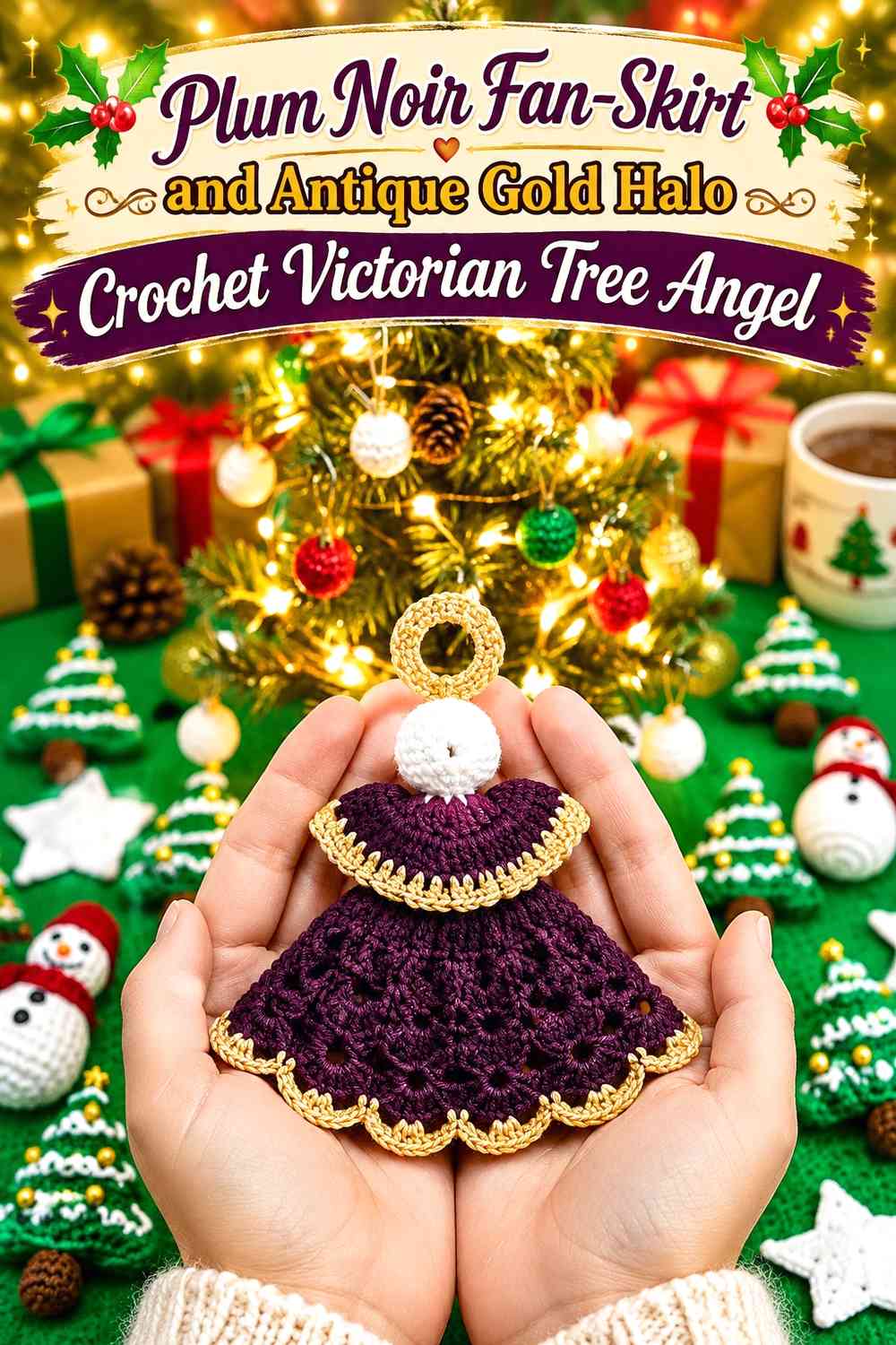 Plum Noir Fan-Skirt and Antique Gold Halo Crochet Victorian Tree Angel