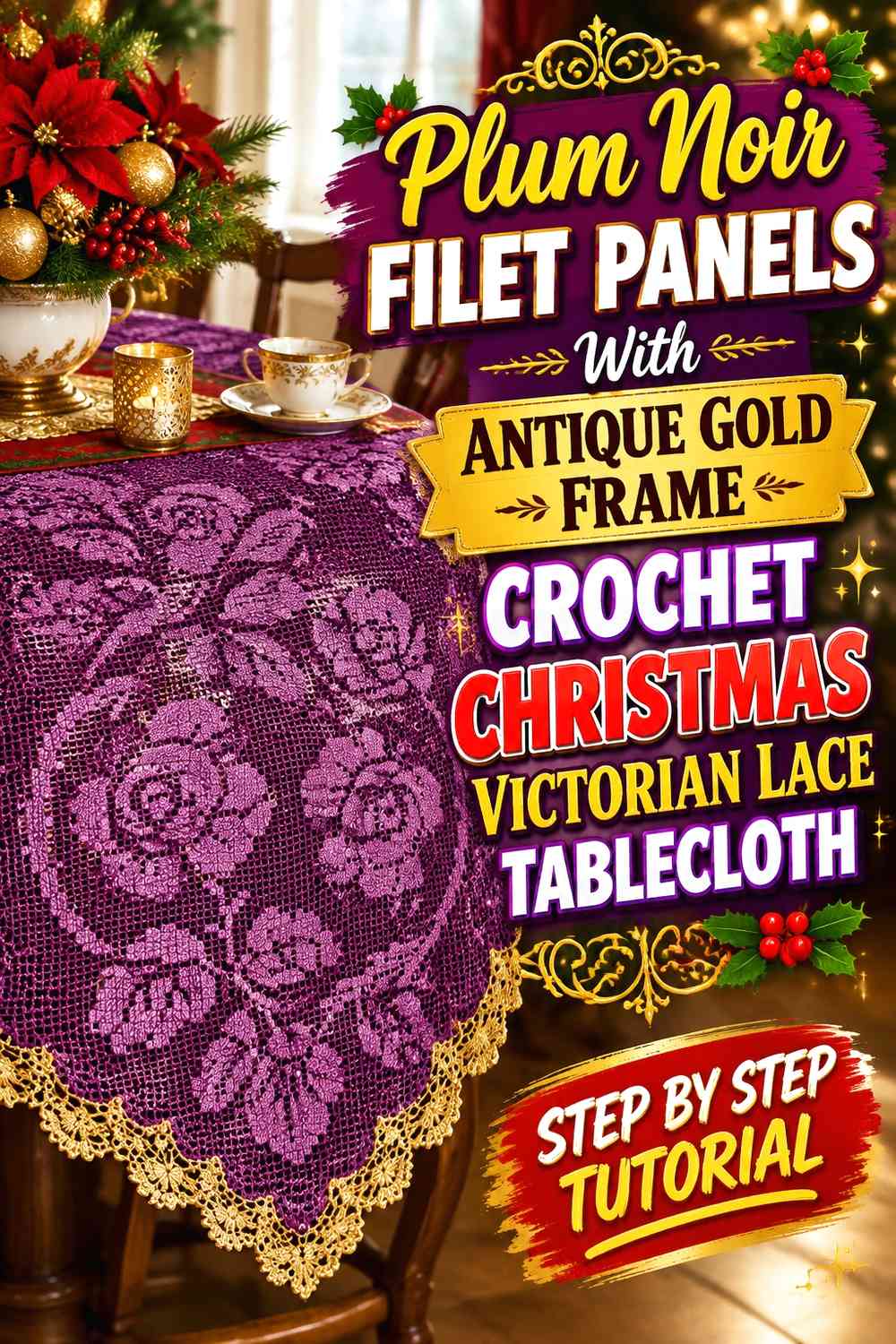 Plum Noir Filet Panels With Antique Gold Frame Crochet Christmas Victorian Lace Tablecloth