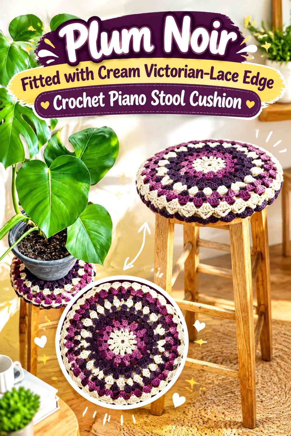 Plum Noir Fitted with Cream Victorian-Lace Edge Crochet Piano Stool Cushion