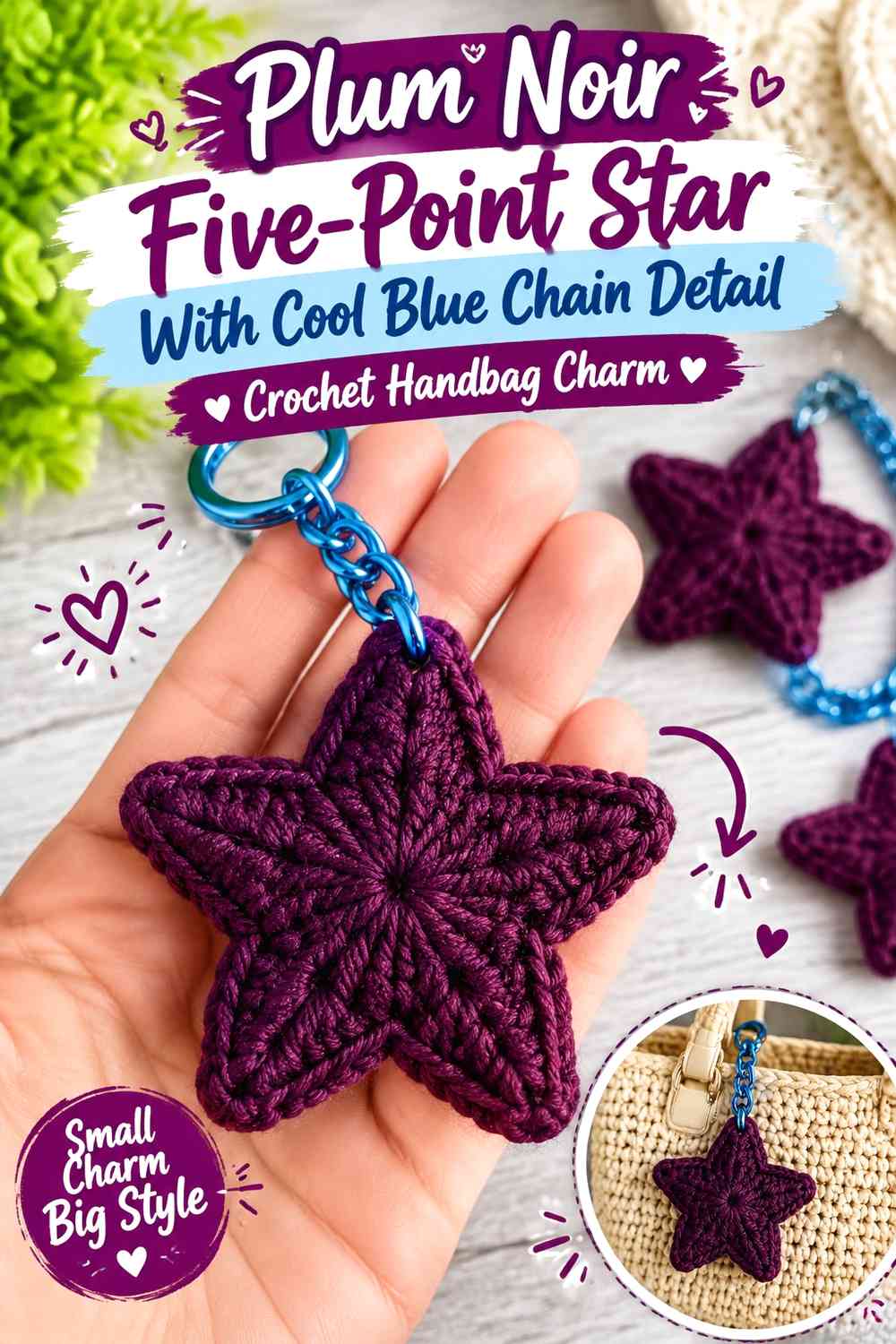Plum Noir Five-Point Star With Cool Blue Chain Detail Crochet Handbag Charm