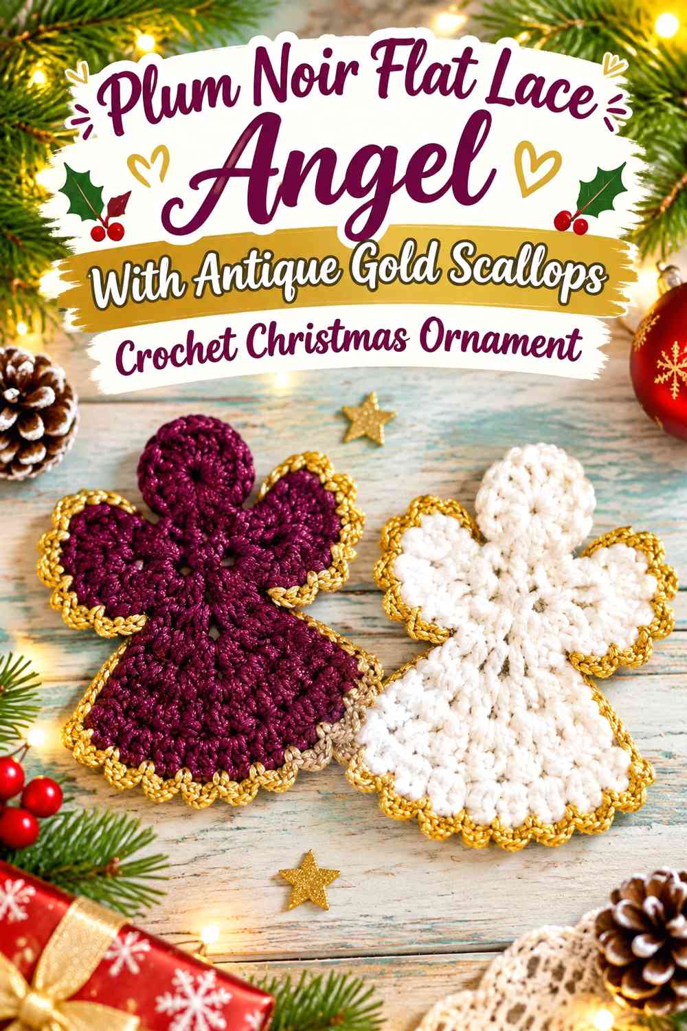 Plum Noir Flat Lace Angel With Antique Gold Scallops Crochet Christmas Ornament