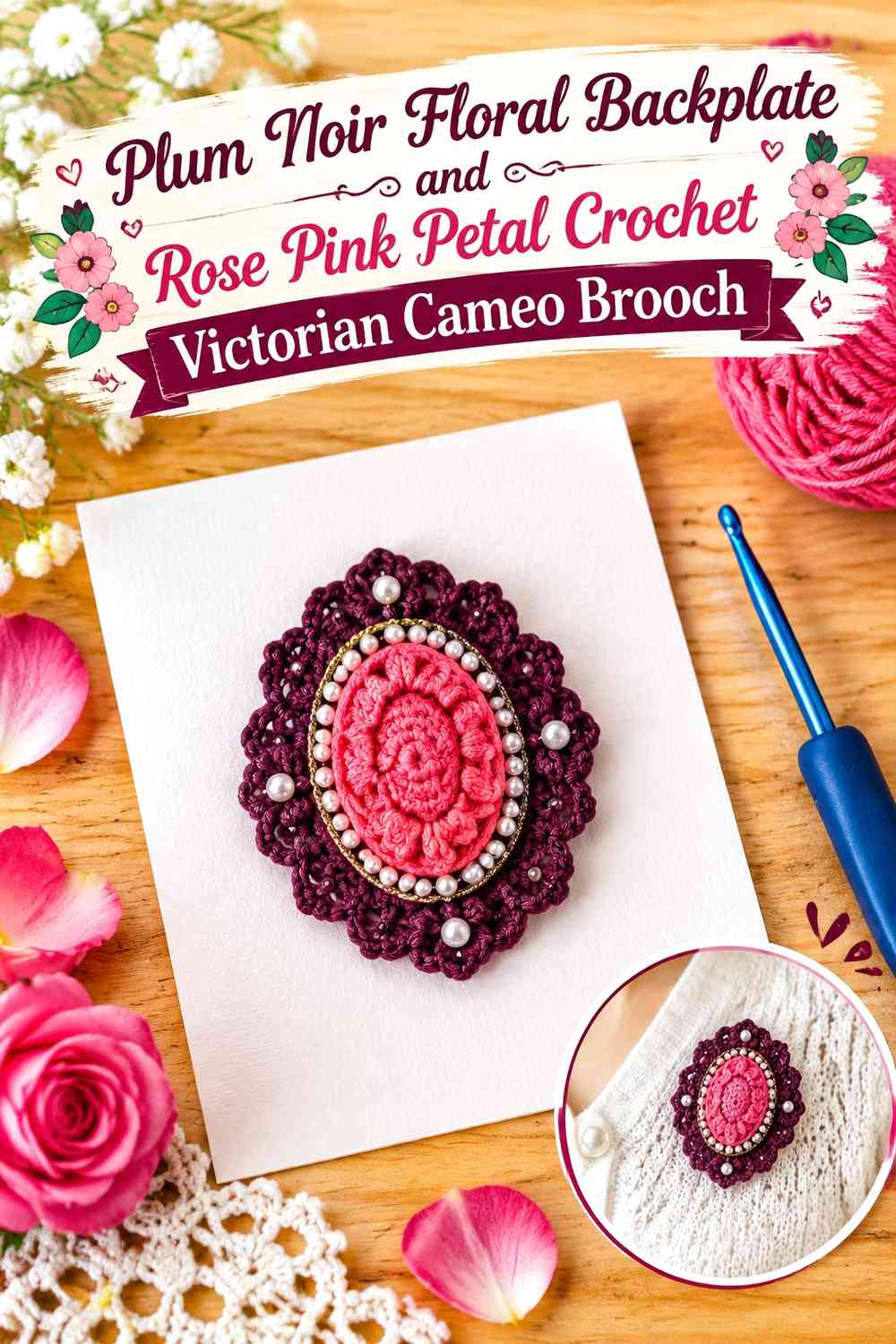 Plum Noir Floral Backplate and Rose Pink Petal Crochet Victorian Cameo Brooch
