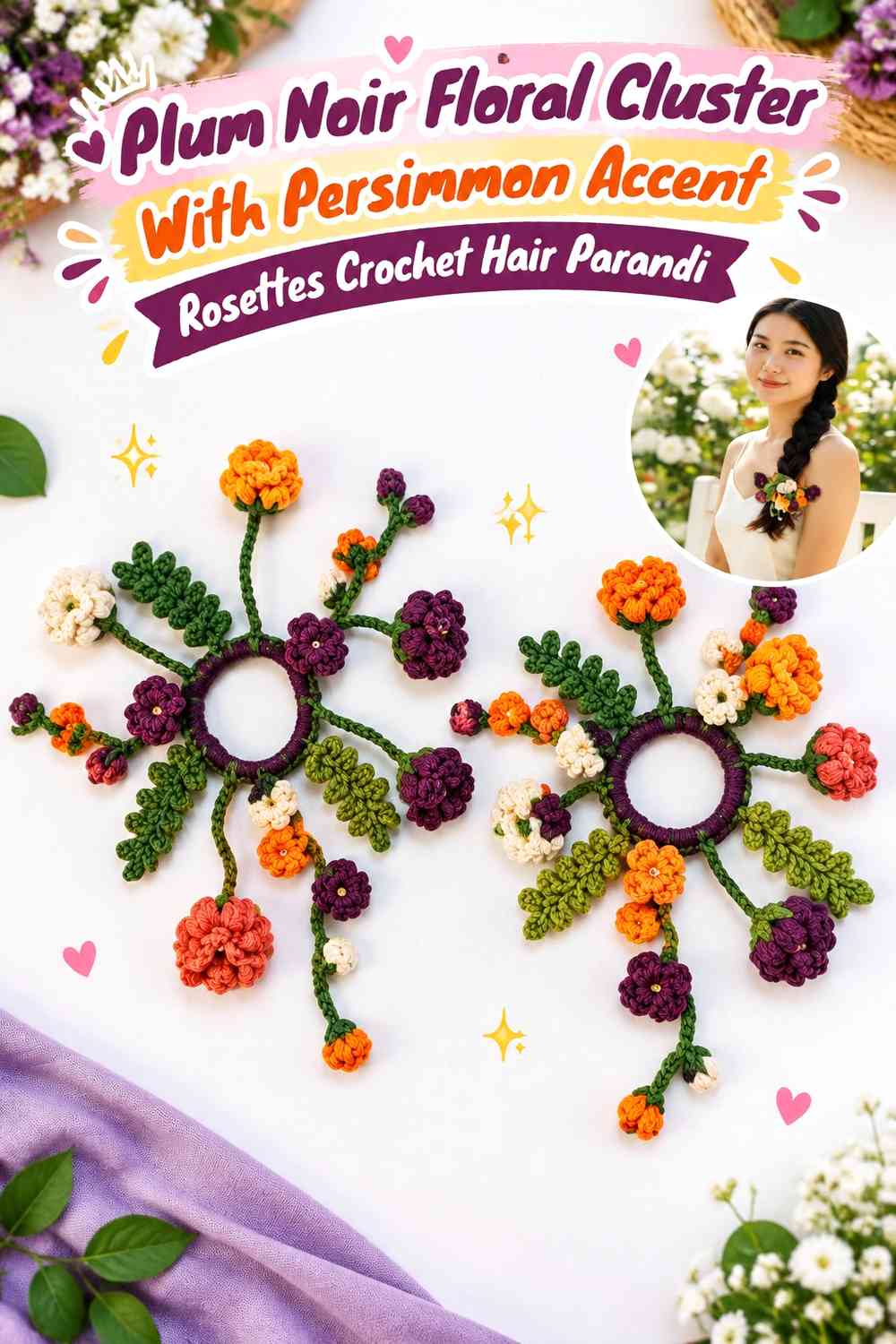 Plum Noir Floral Cluster With Persimmon Accent Rosettes Crochet Hair Parandi