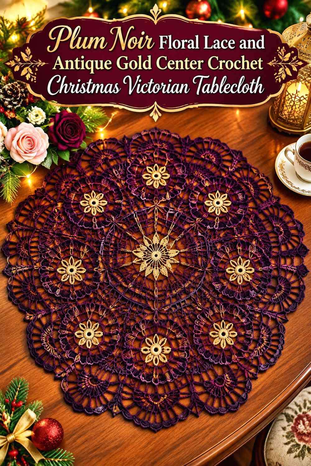 Plum Noir Floral Lace and Antique Gold Center Crochet Christmas Victorian Tablecloth