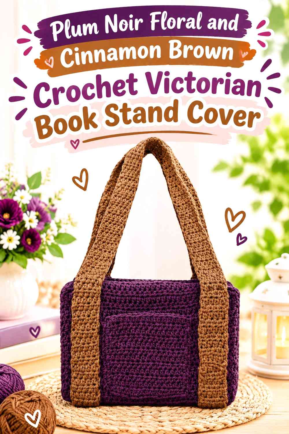 Plum Noir Floral and Cinnamon Brown Crochet Victorian Book Stand Cover